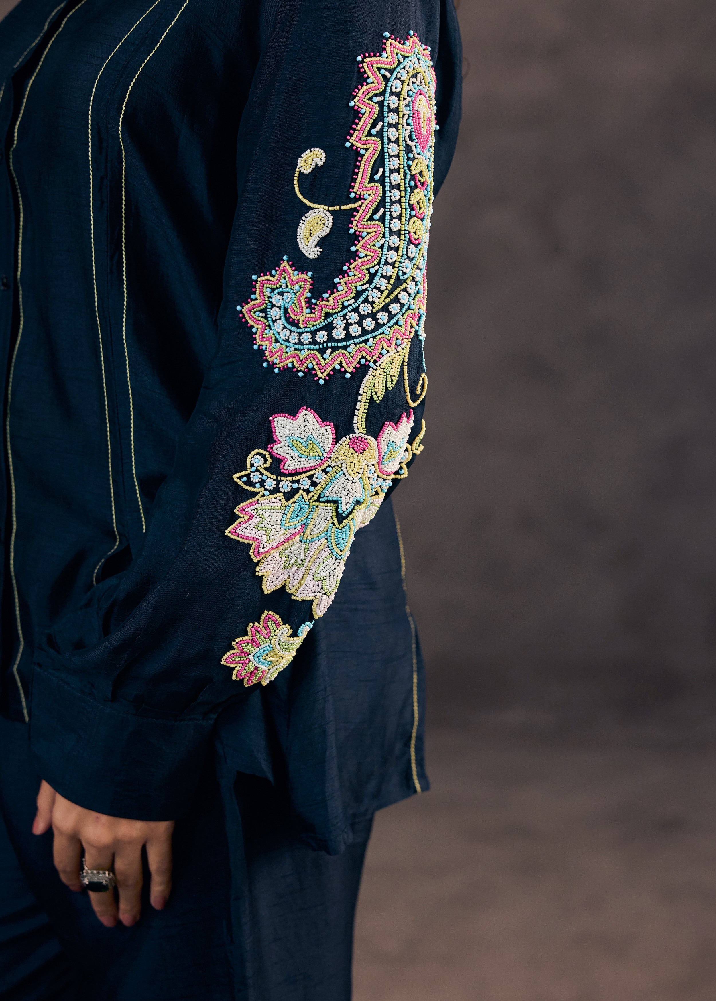 Midnight Blue Embroidered Raw Silk Co-Ord Set