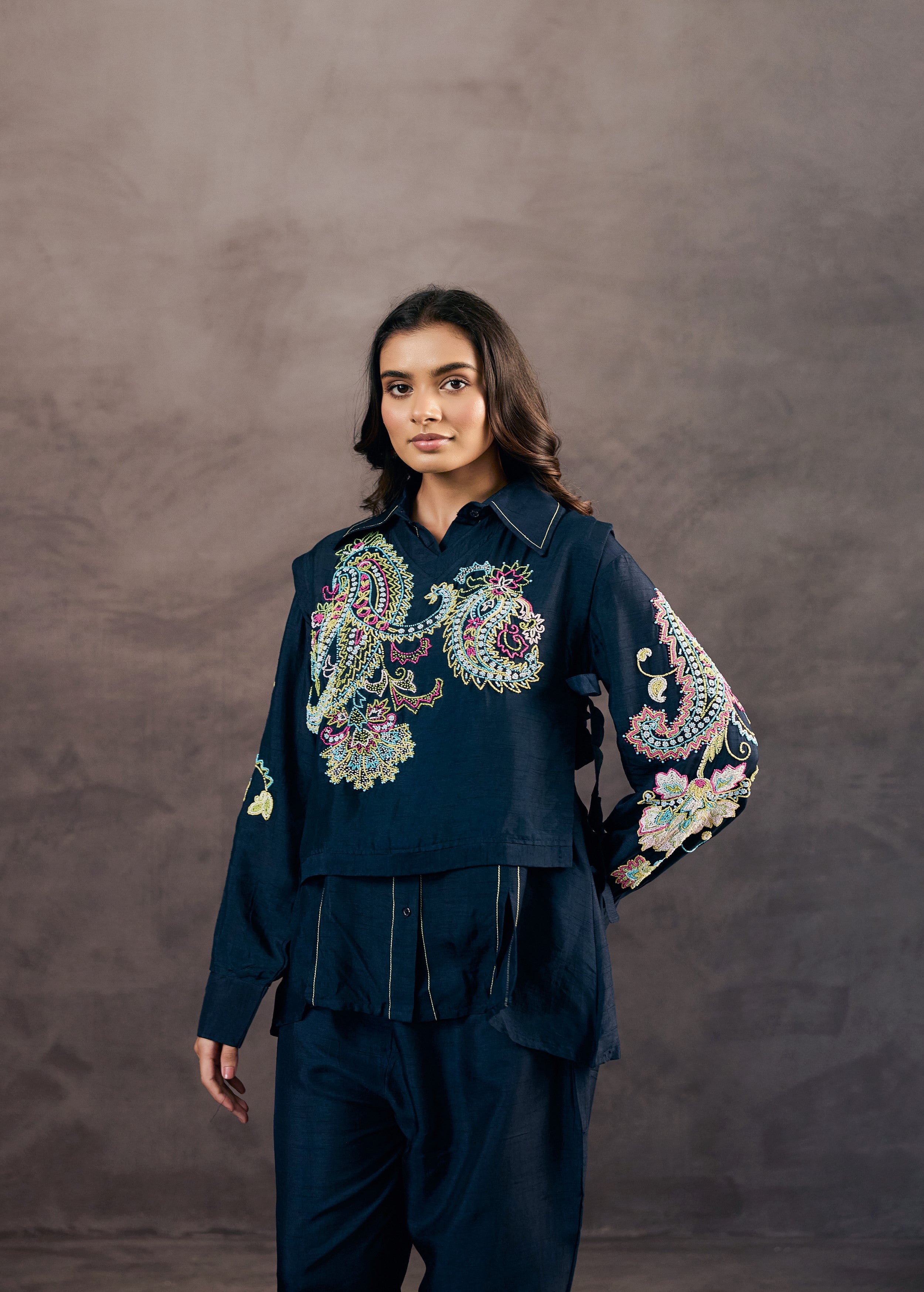 Midnight Blue Embroidered Raw Silk Co-Ord Set