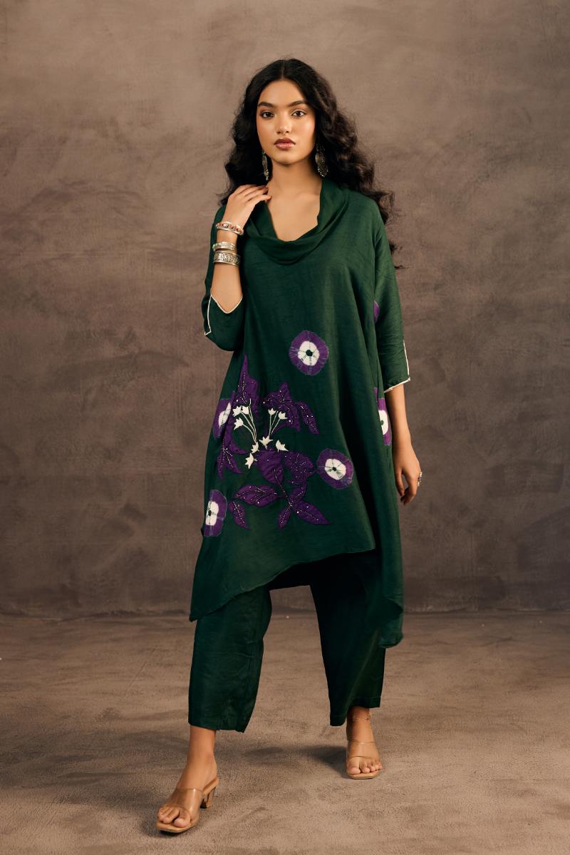 Deep Forest Green Embellished Raw Silk Pant Set