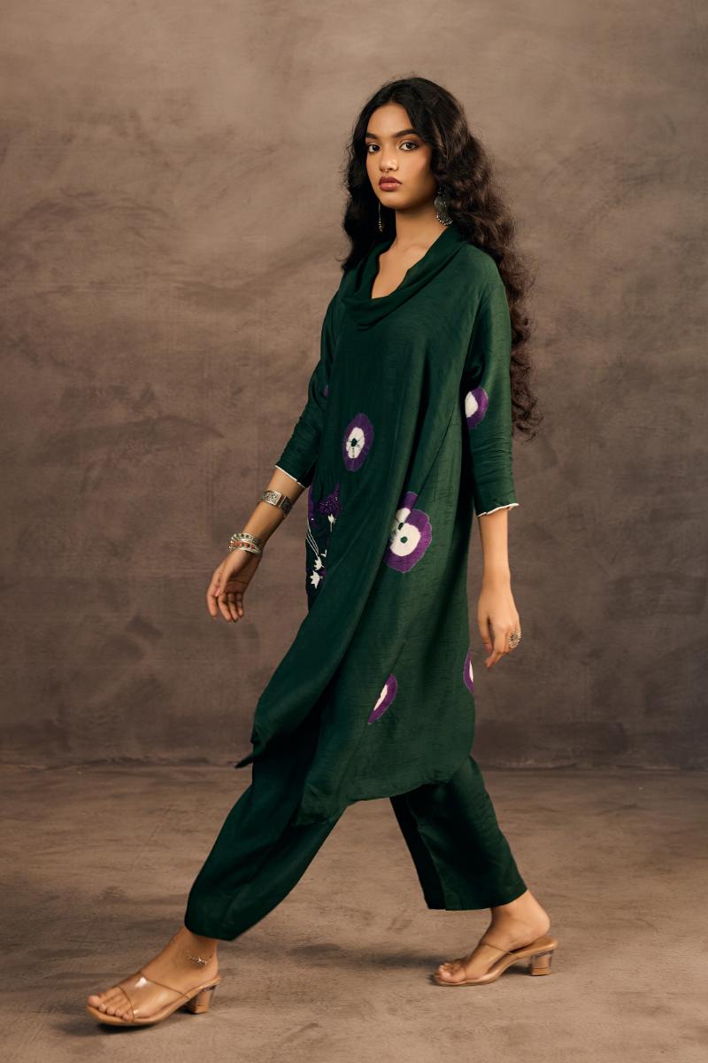 Deep Forest Green Embellished Raw Silk Pant Set