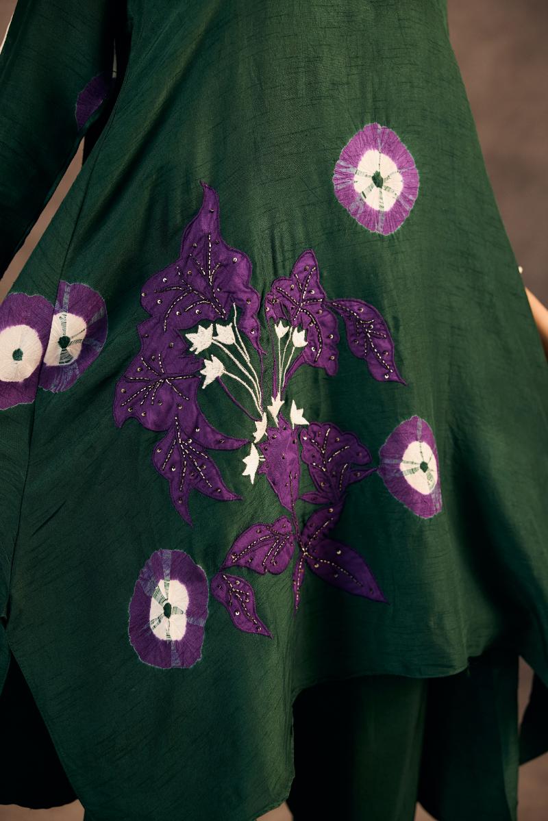 Deep Forest Green Embellished Raw Silk Pant Set