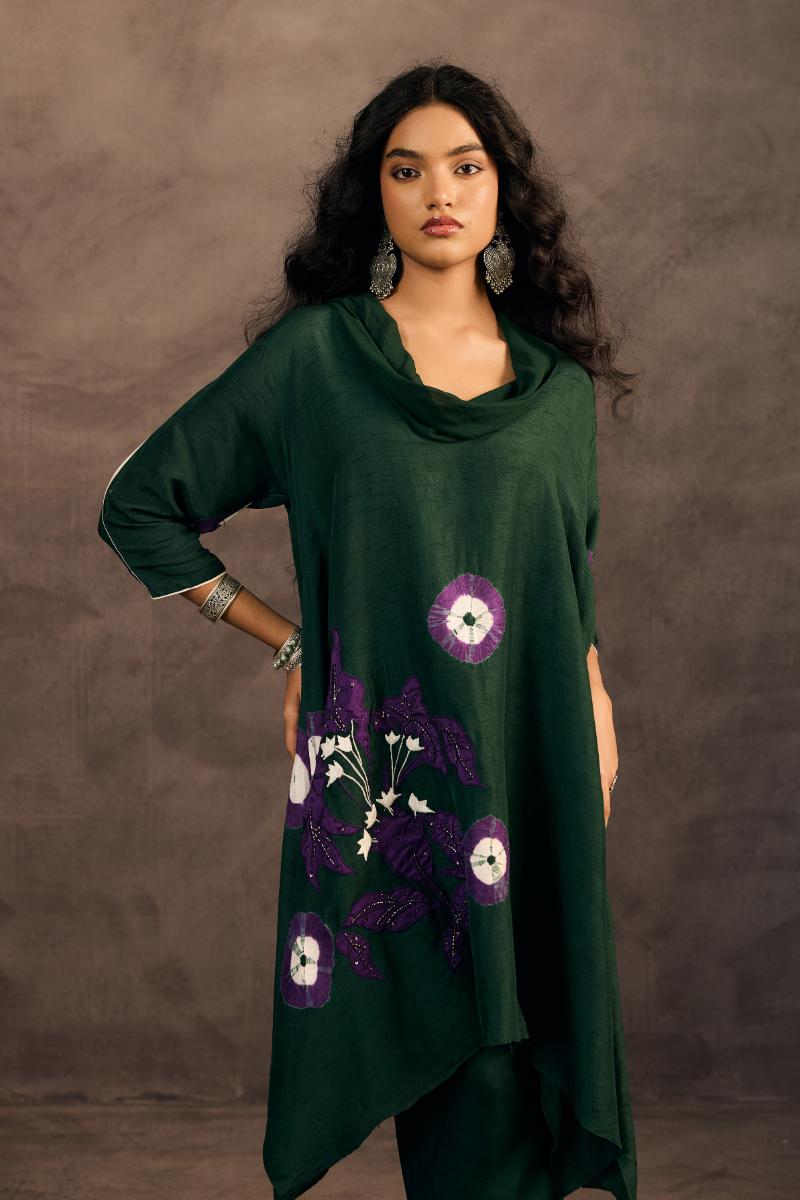 Deep Forest Green Embellished Raw Silk Pant Set