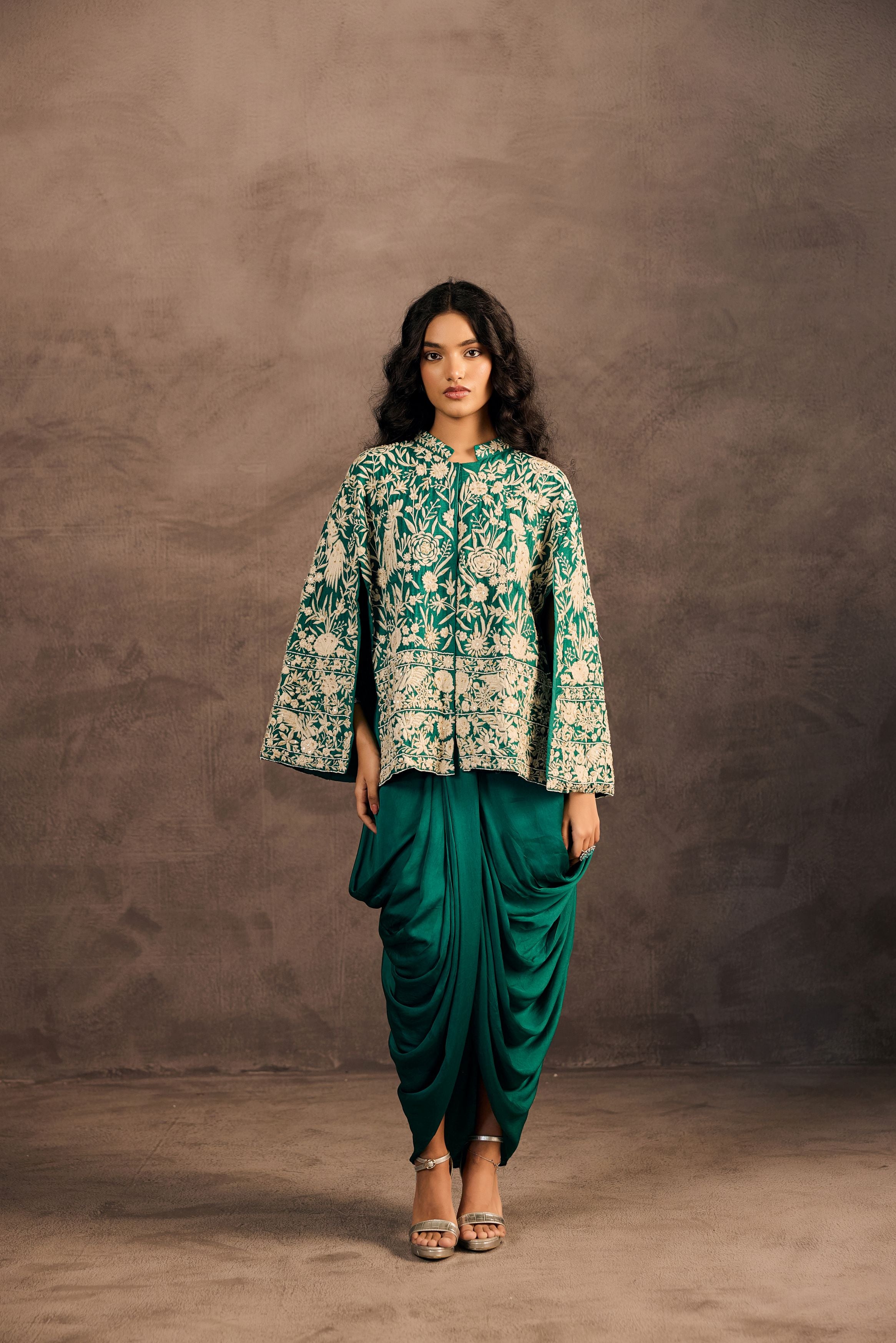 Emerald Green Embroidered Satin Silk Skirt Set