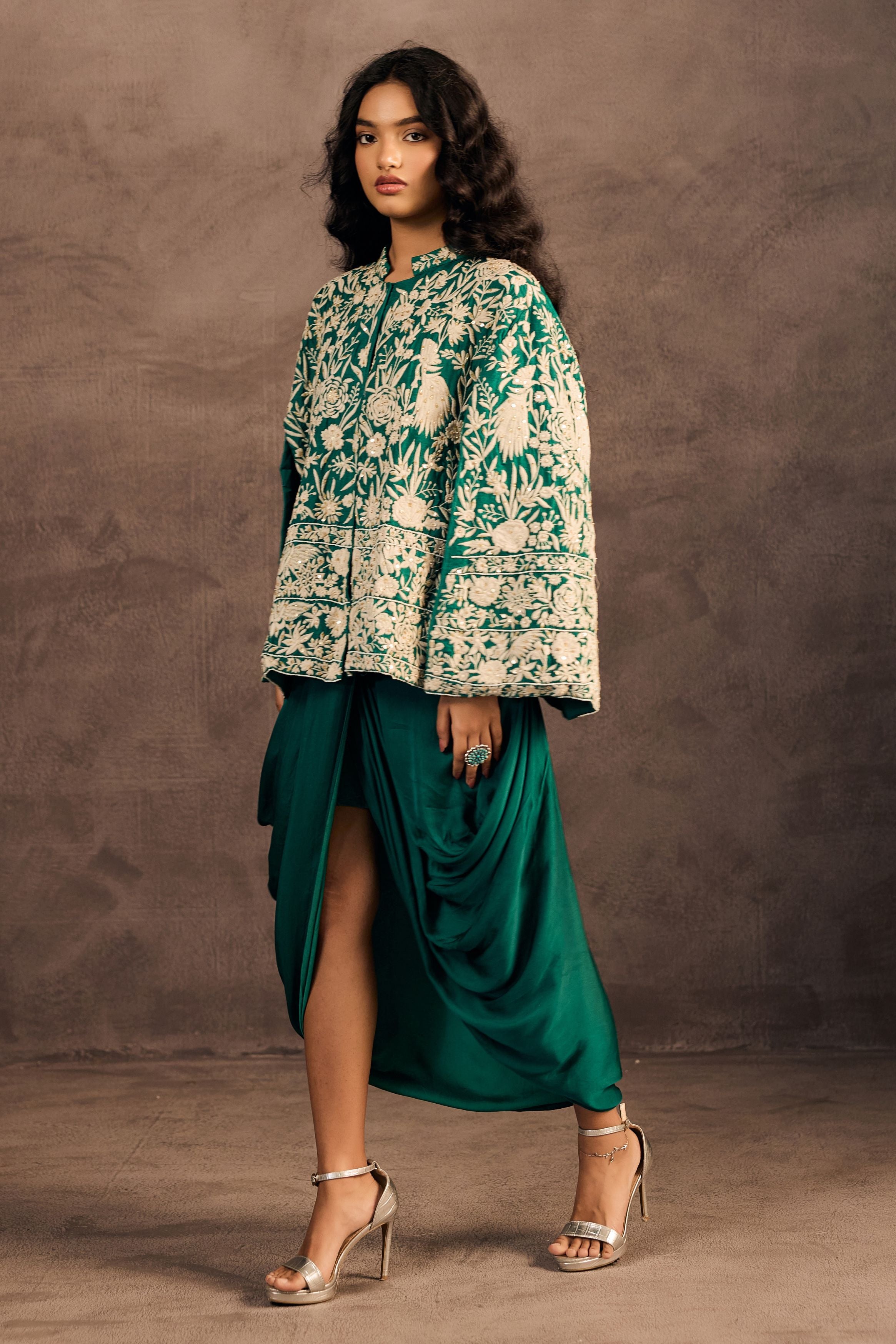 Emerald Green Embroidered Satin Silk Skirt Set