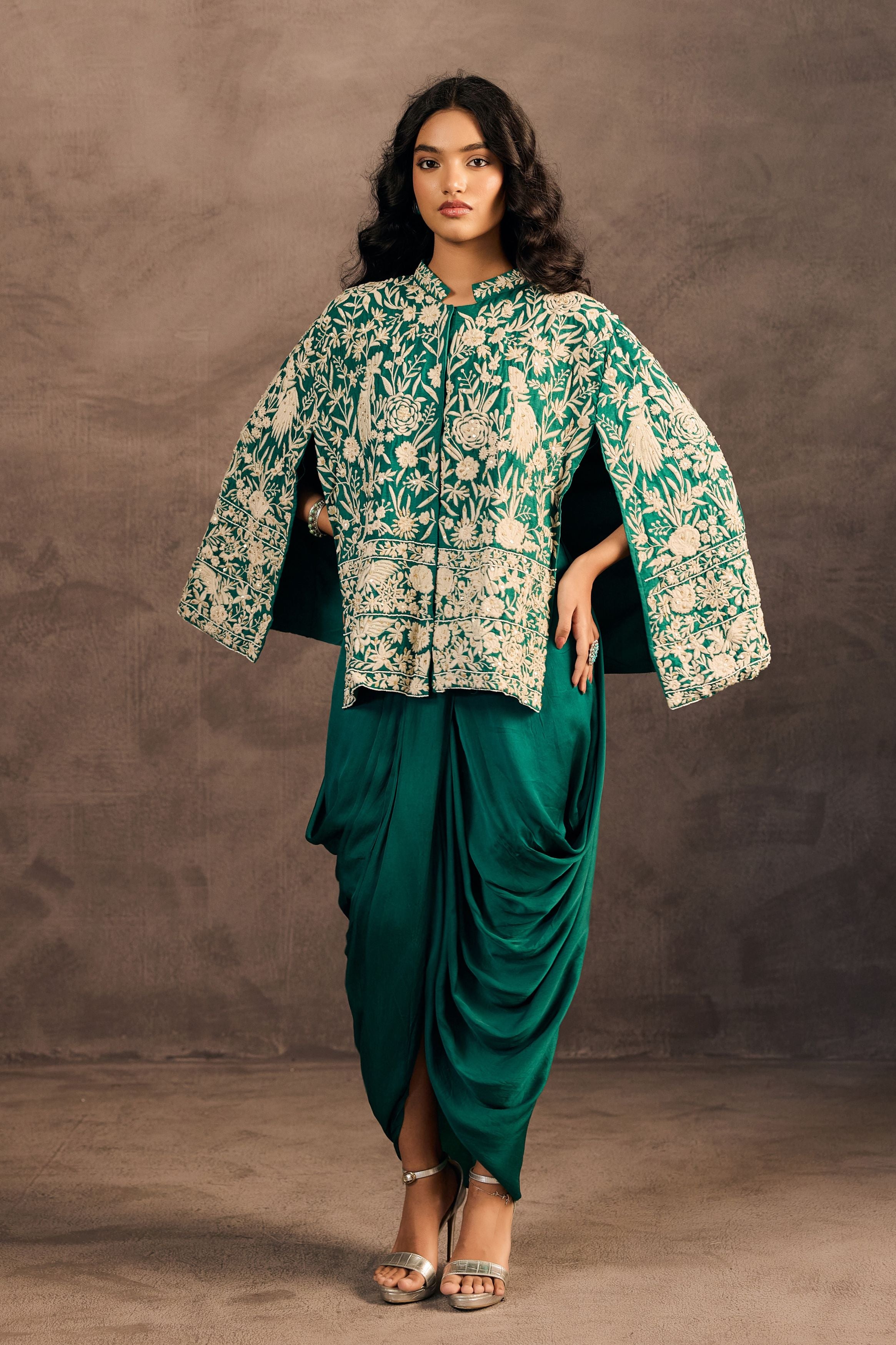 Emerald Green Embroidered Satin Silk Skirt Set