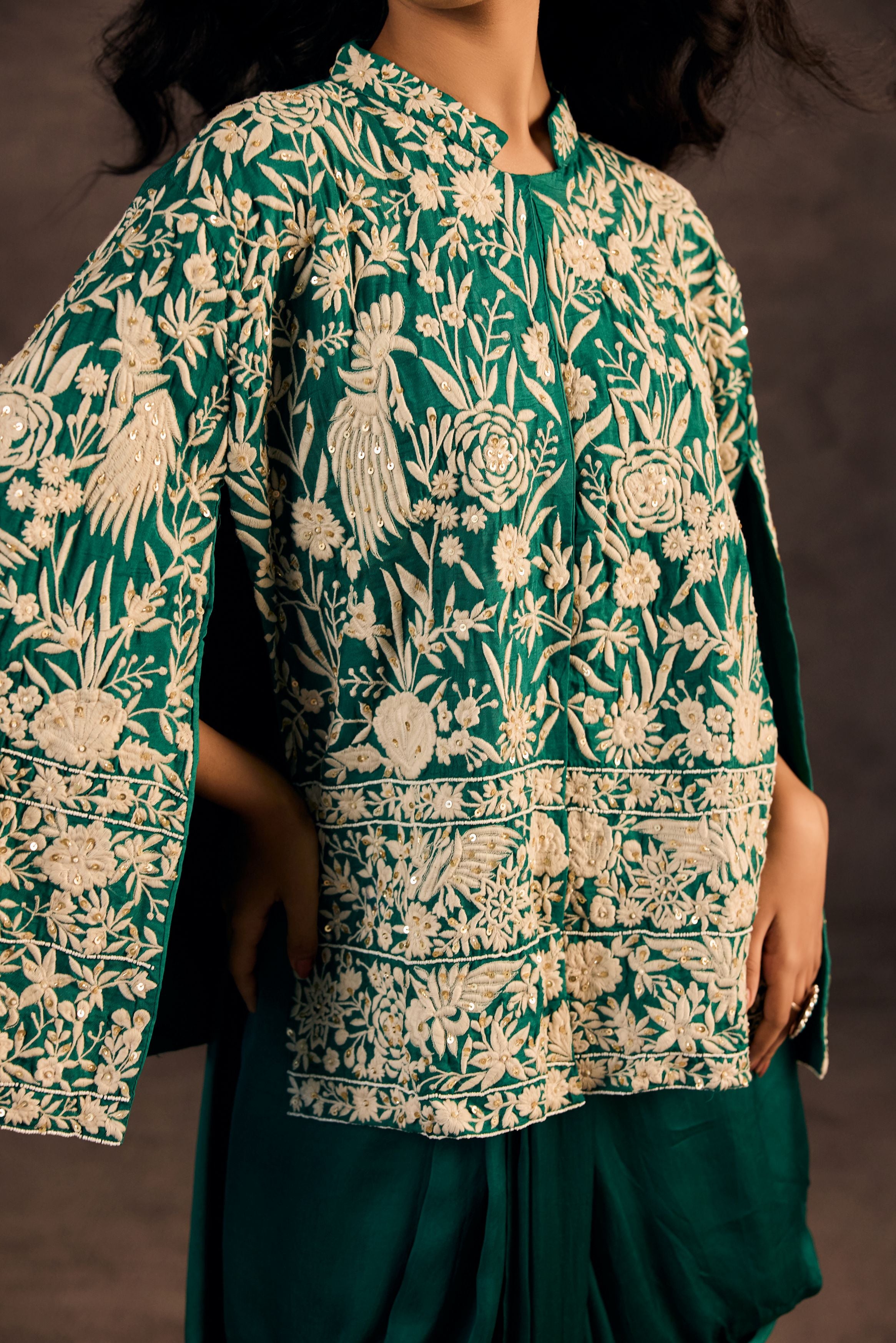 Emerald Green Embroidered Satin Silk Skirt Set