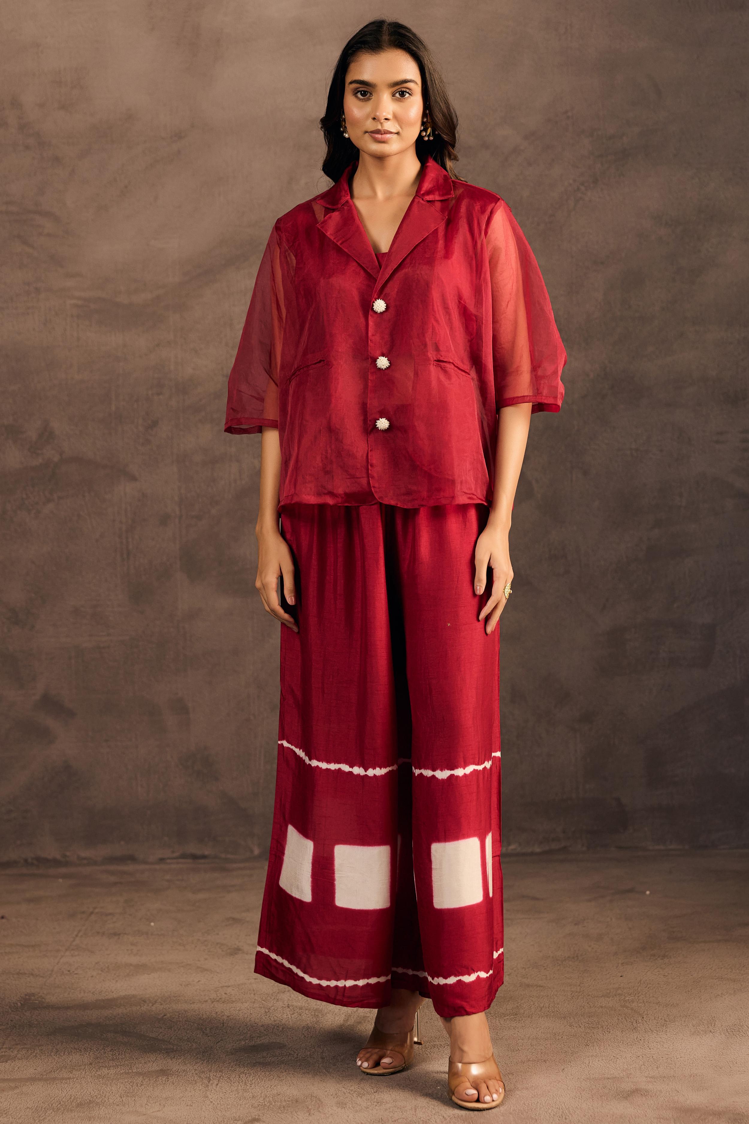 Crimson Red Tie Dye Raw Silk Co-Ord Set