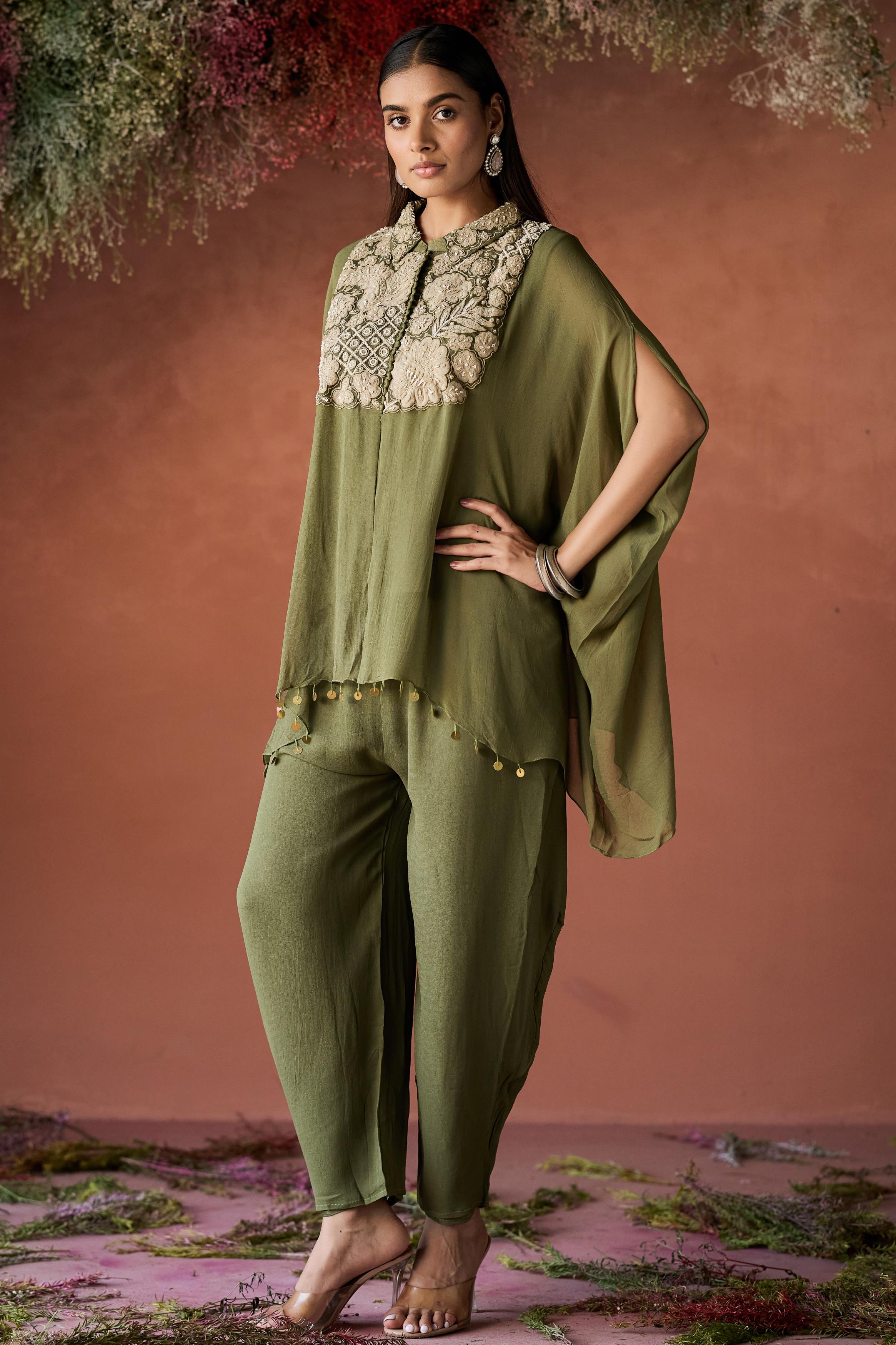 Olive Green Embellished Georgette Silk Kaftan Set
