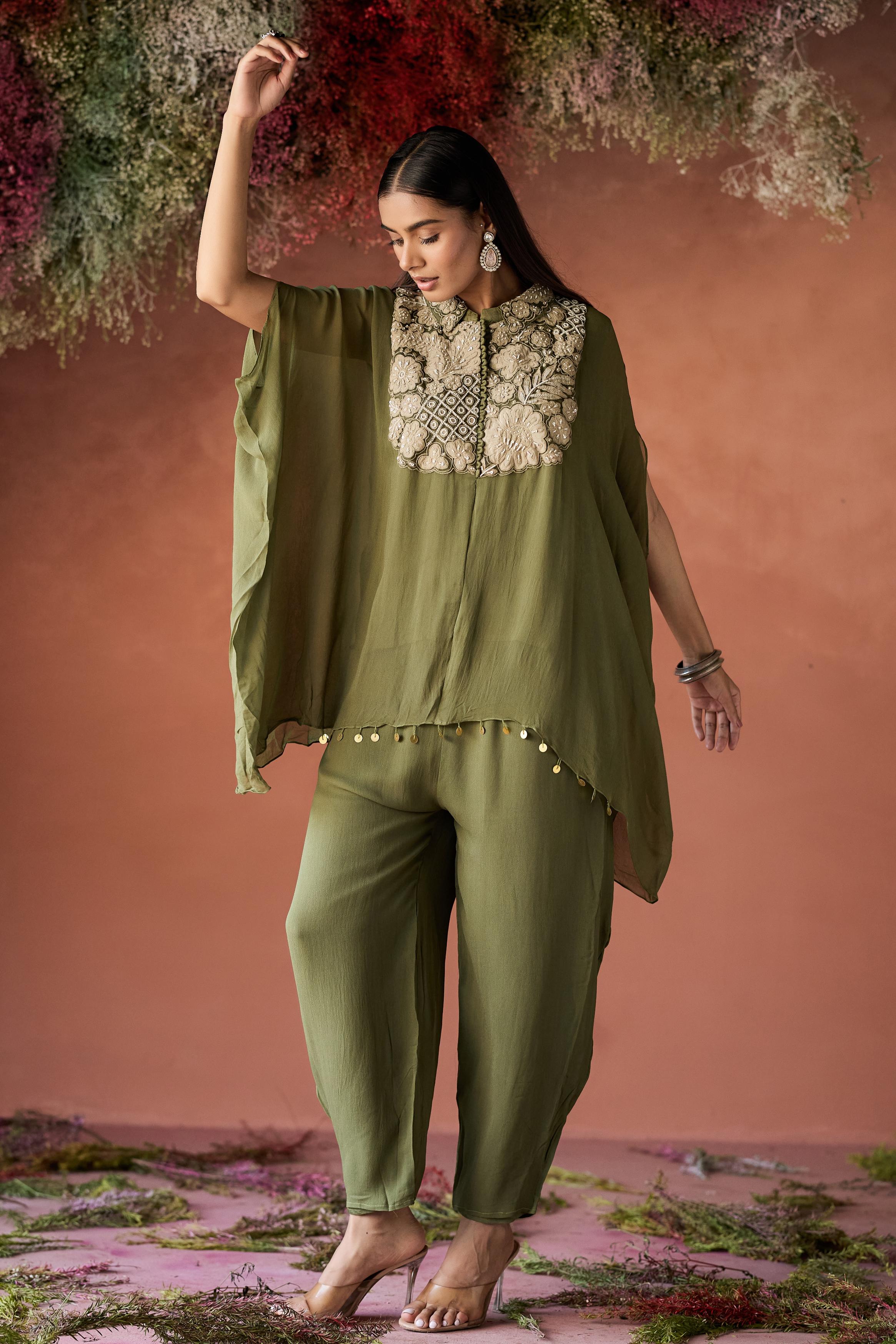 Olive Green Embellished Georgette Silk Kaftan Set