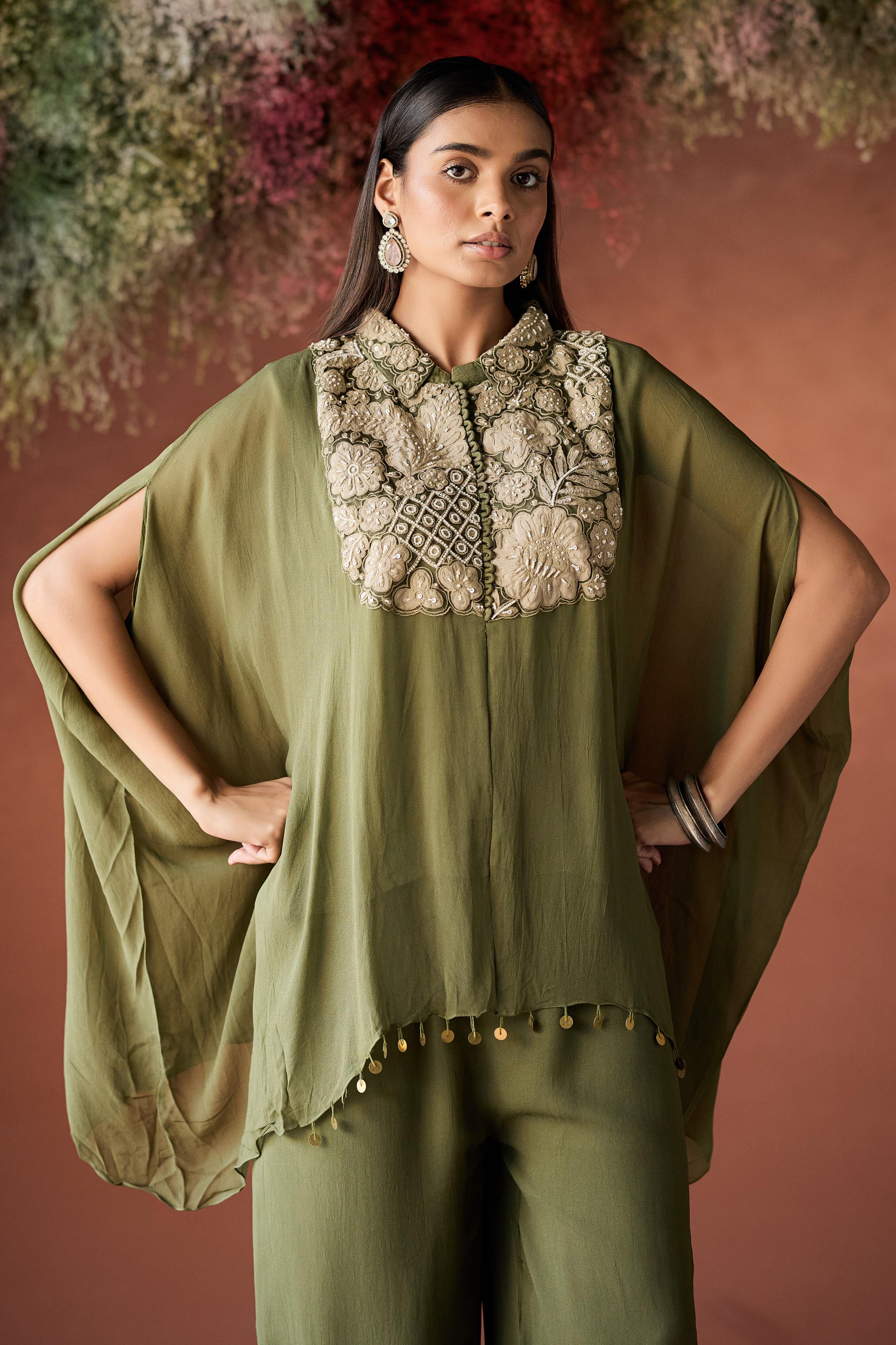 Olive Green Embellished Georgette Silk Kaftan Set
