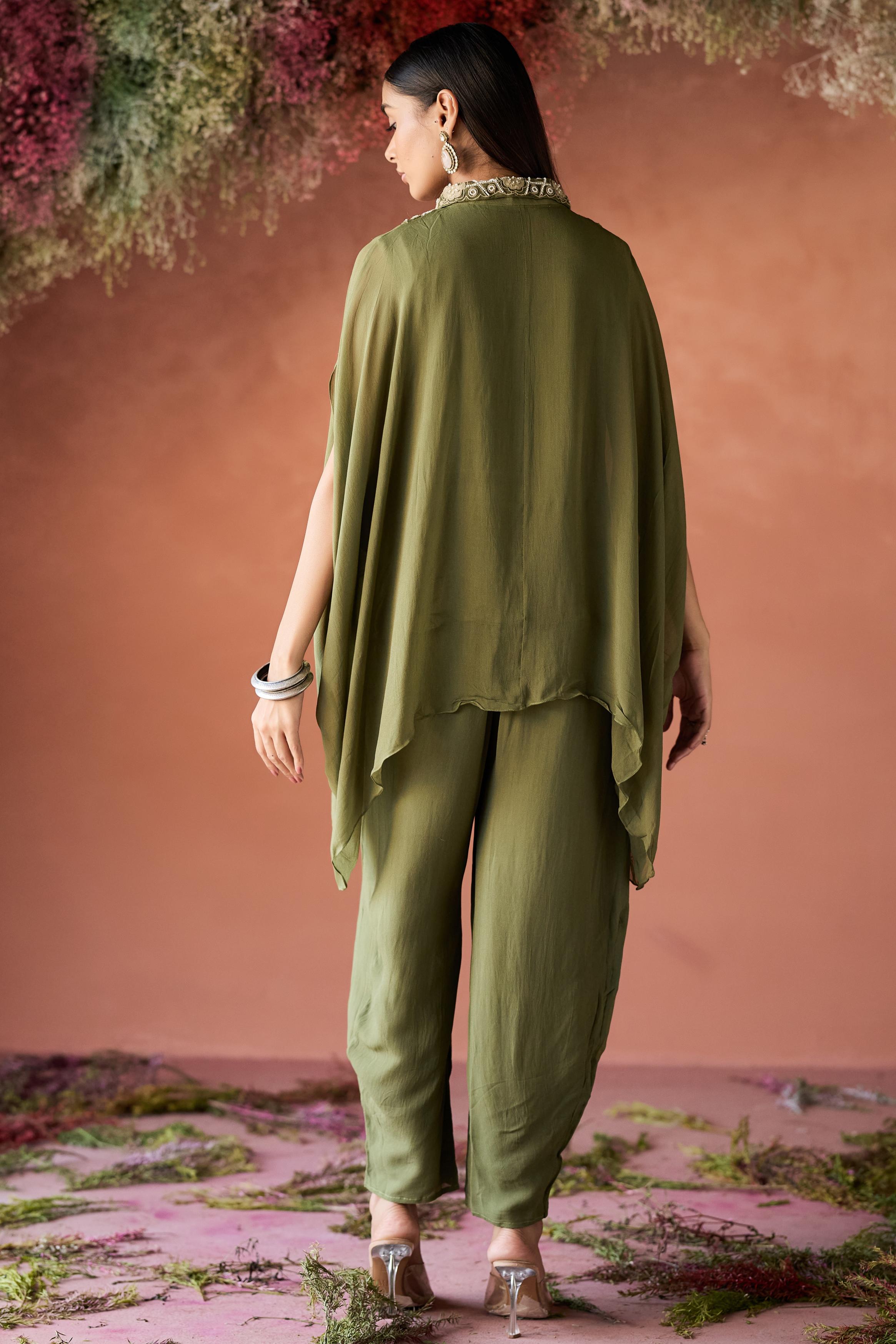 Olive Green Embellished Georgette Silk Kaftan Set