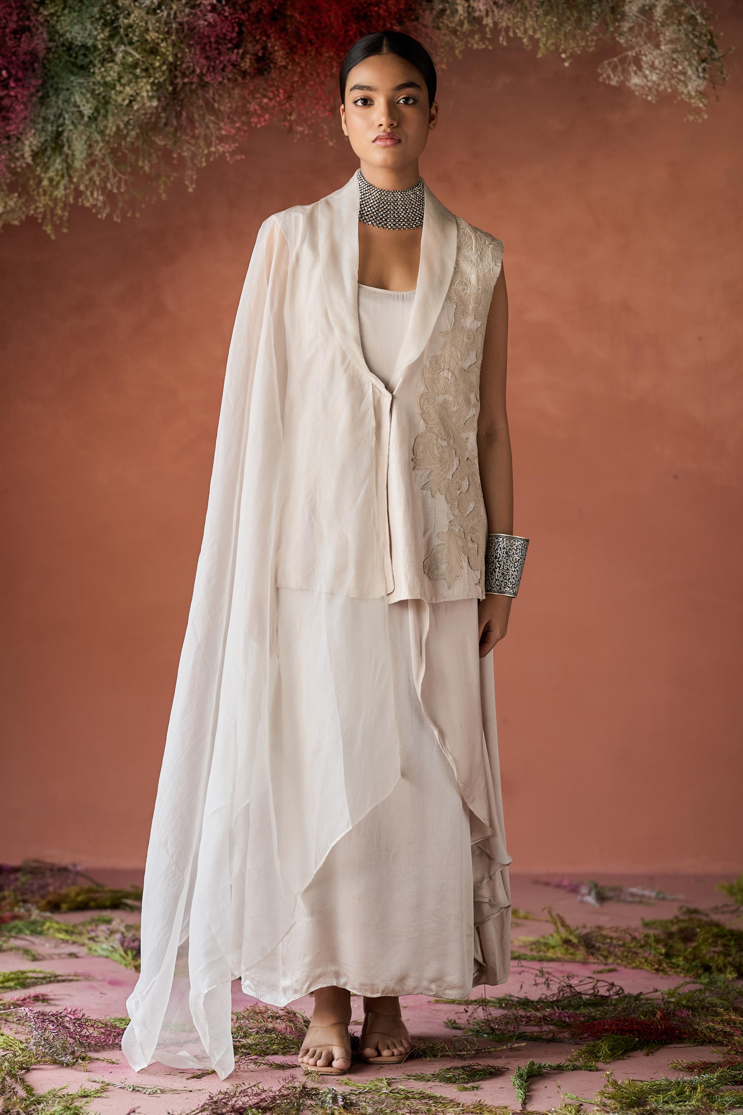 White Embroidered Raw Silk Jacket Dress