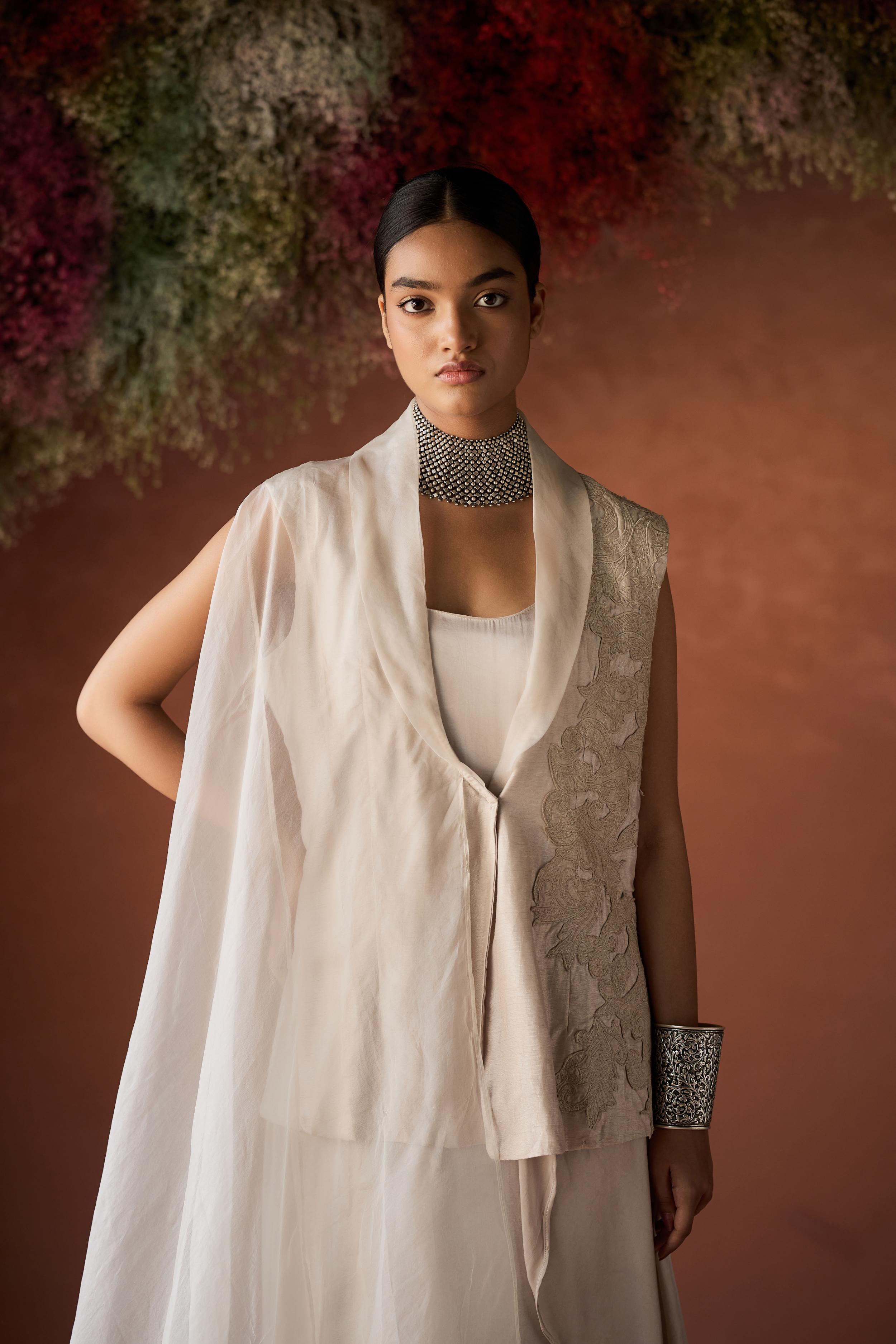White Embroidered Raw Silk Jacket Dress