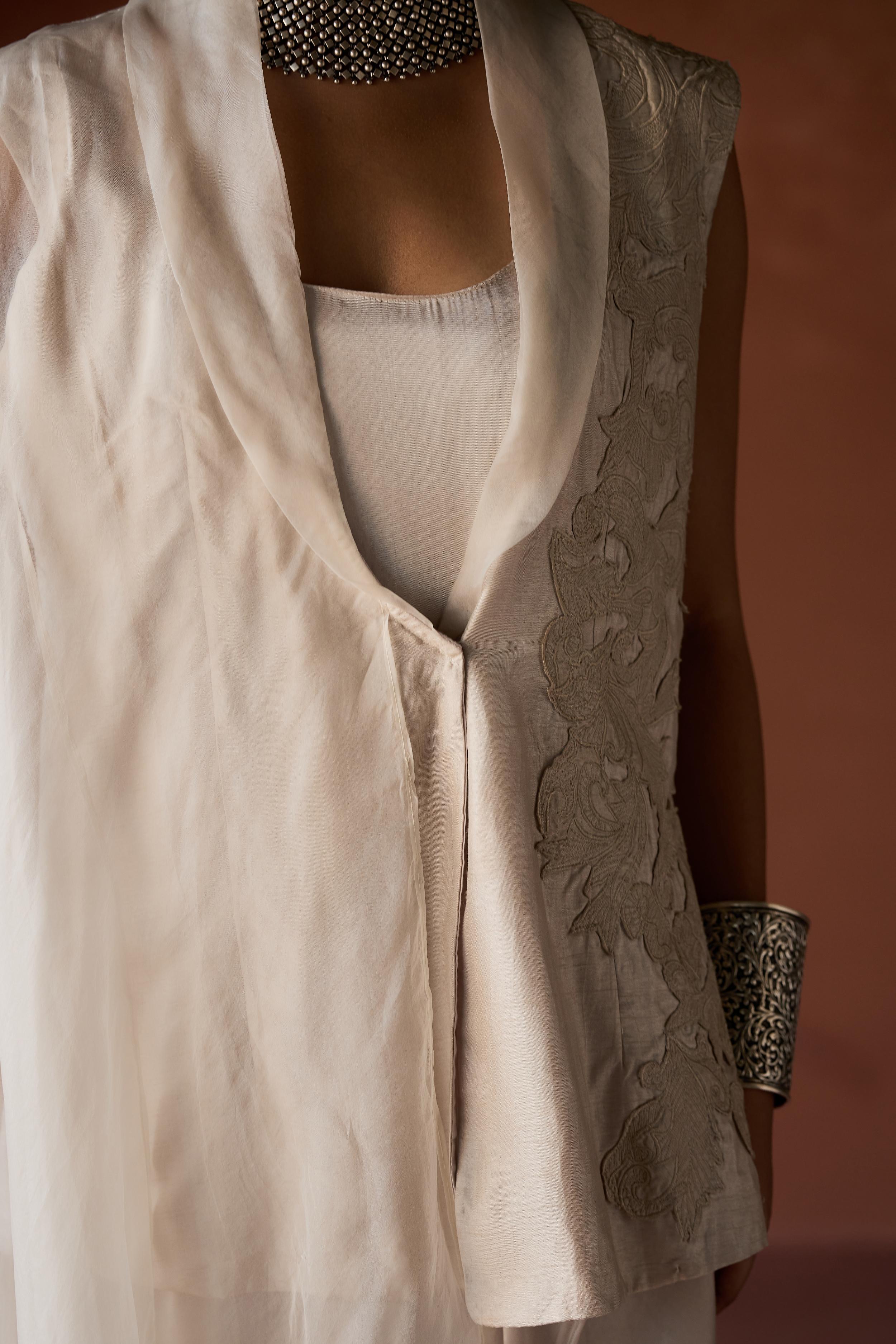 White Embroidered Raw Silk Jacket Dress