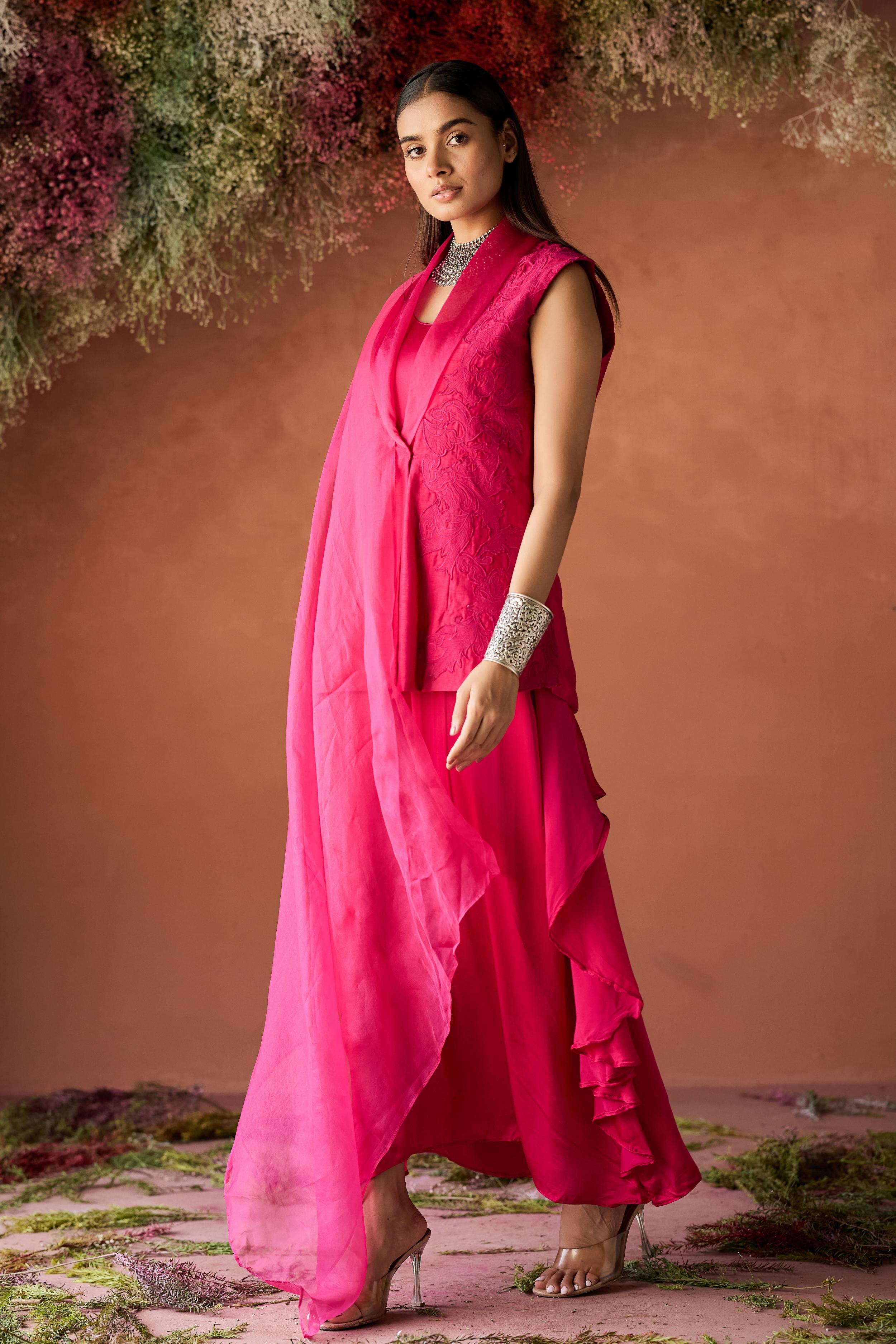 Fuchsia Pink Embroidered Raw Silk Jacket Dress