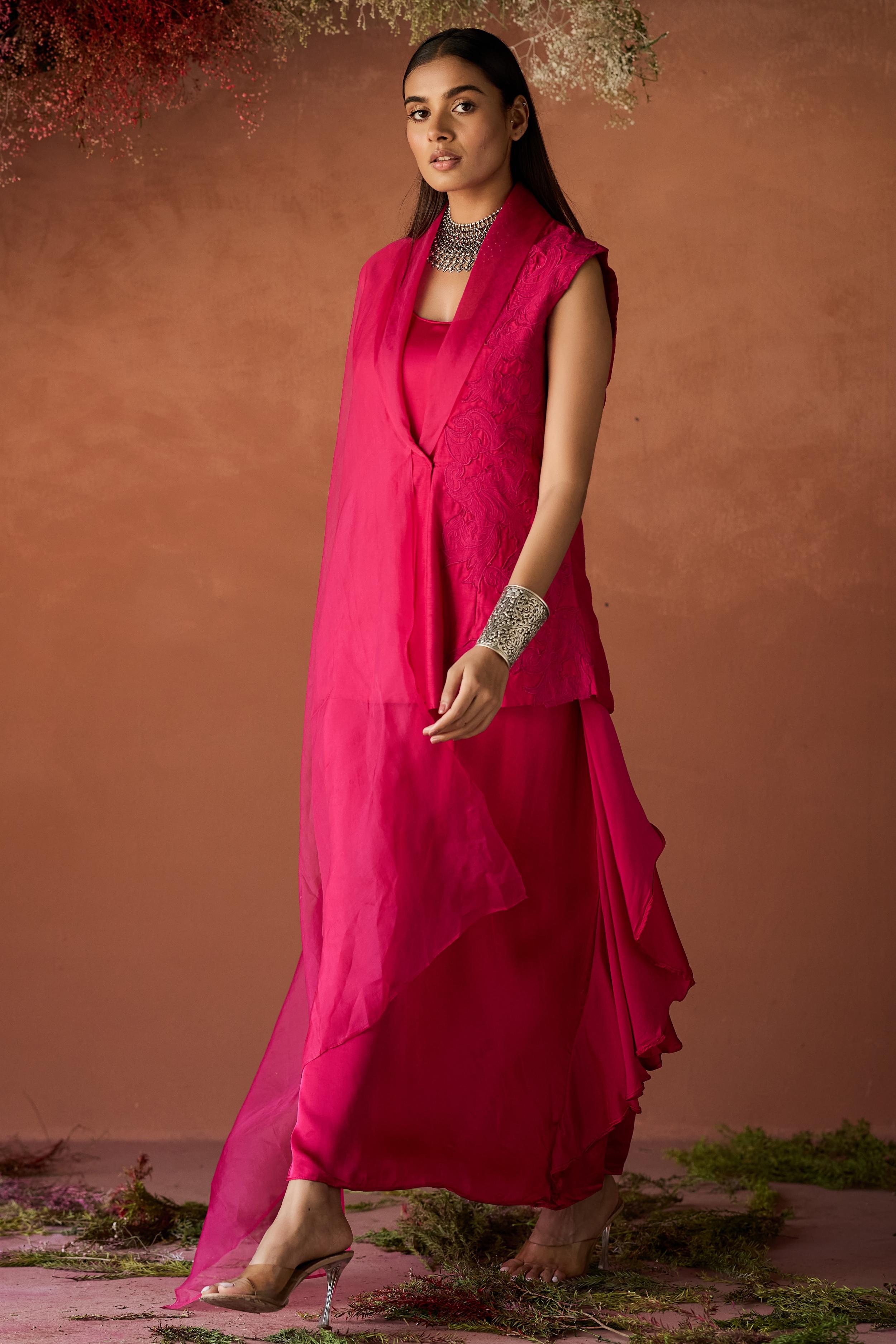 Fuchsia Pink Embroidered Raw Silk Jacket Dress