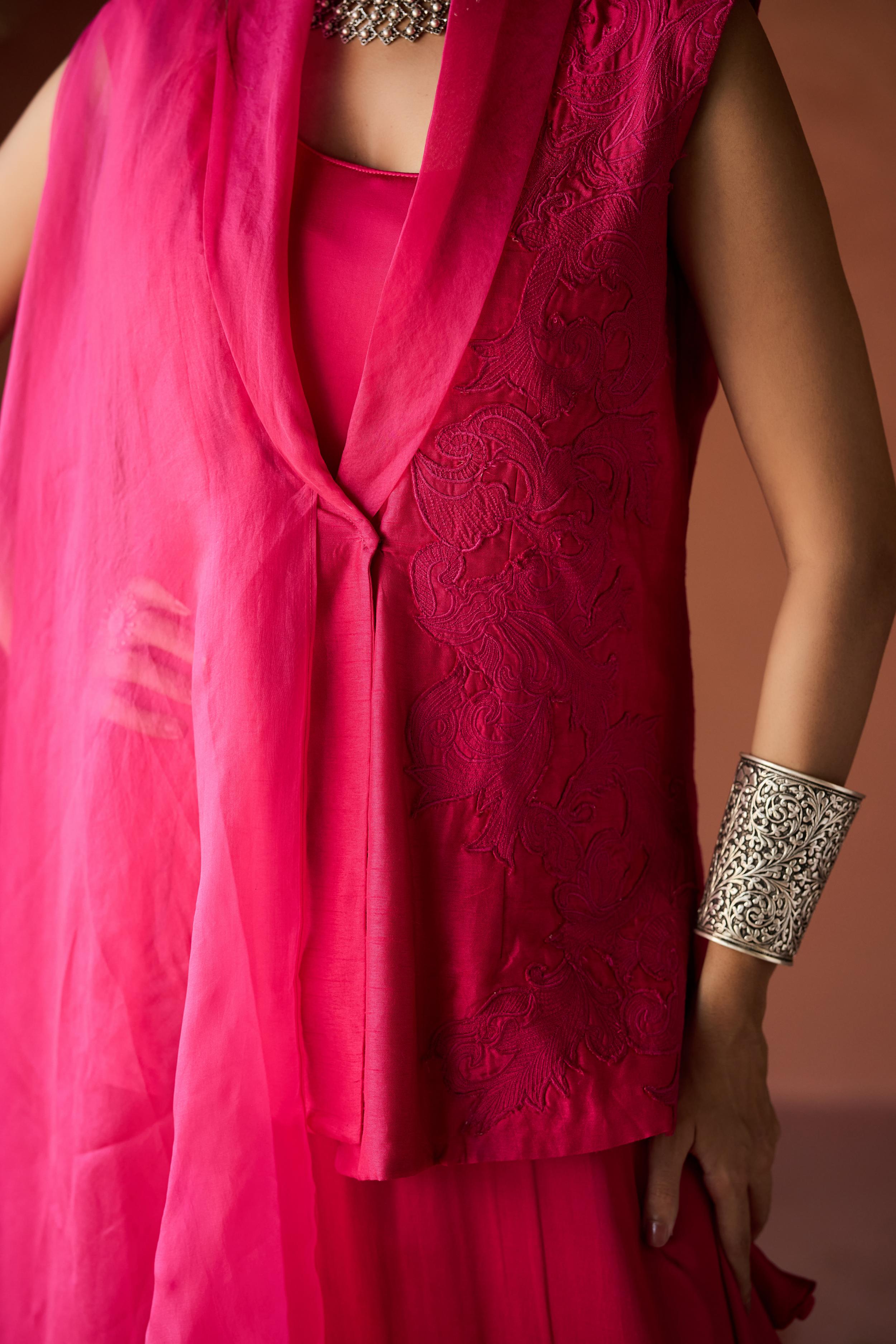 Fuchsia Pink Embroidered Raw Silk Jacket Dress