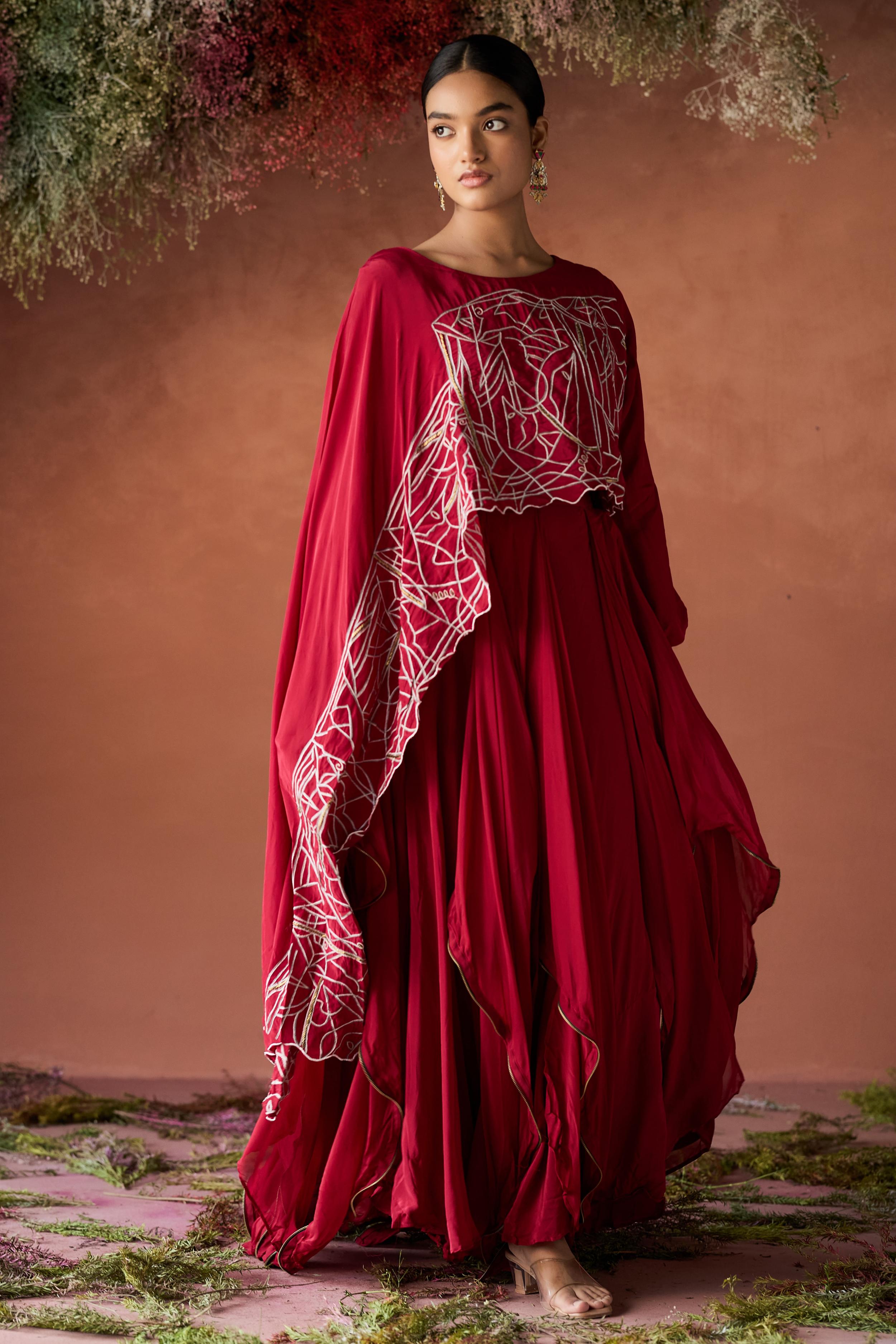Wine Red Embellished Georgette Silk Skirt Set