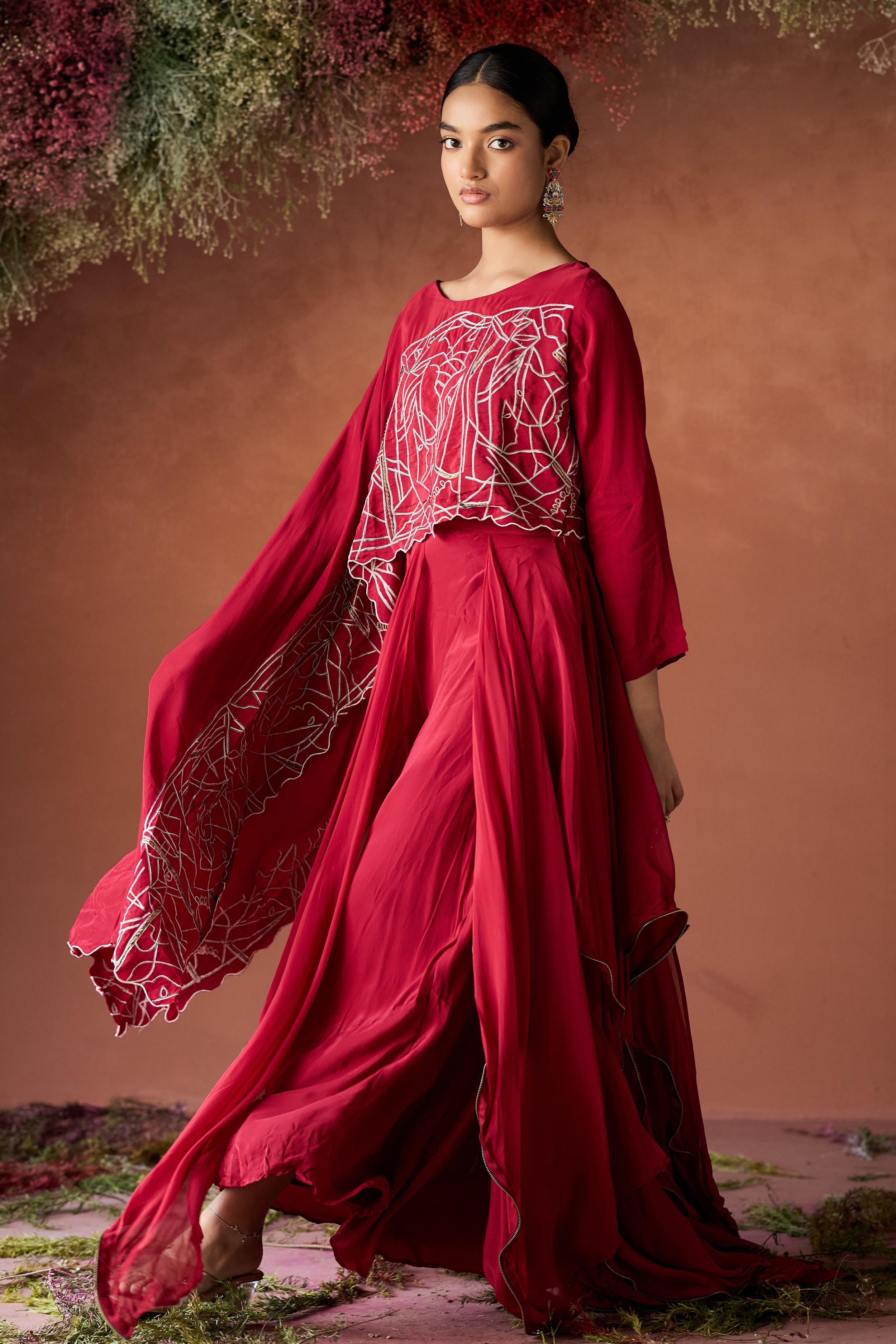 Wine Red Embellished Georgette Silk Skirt Set