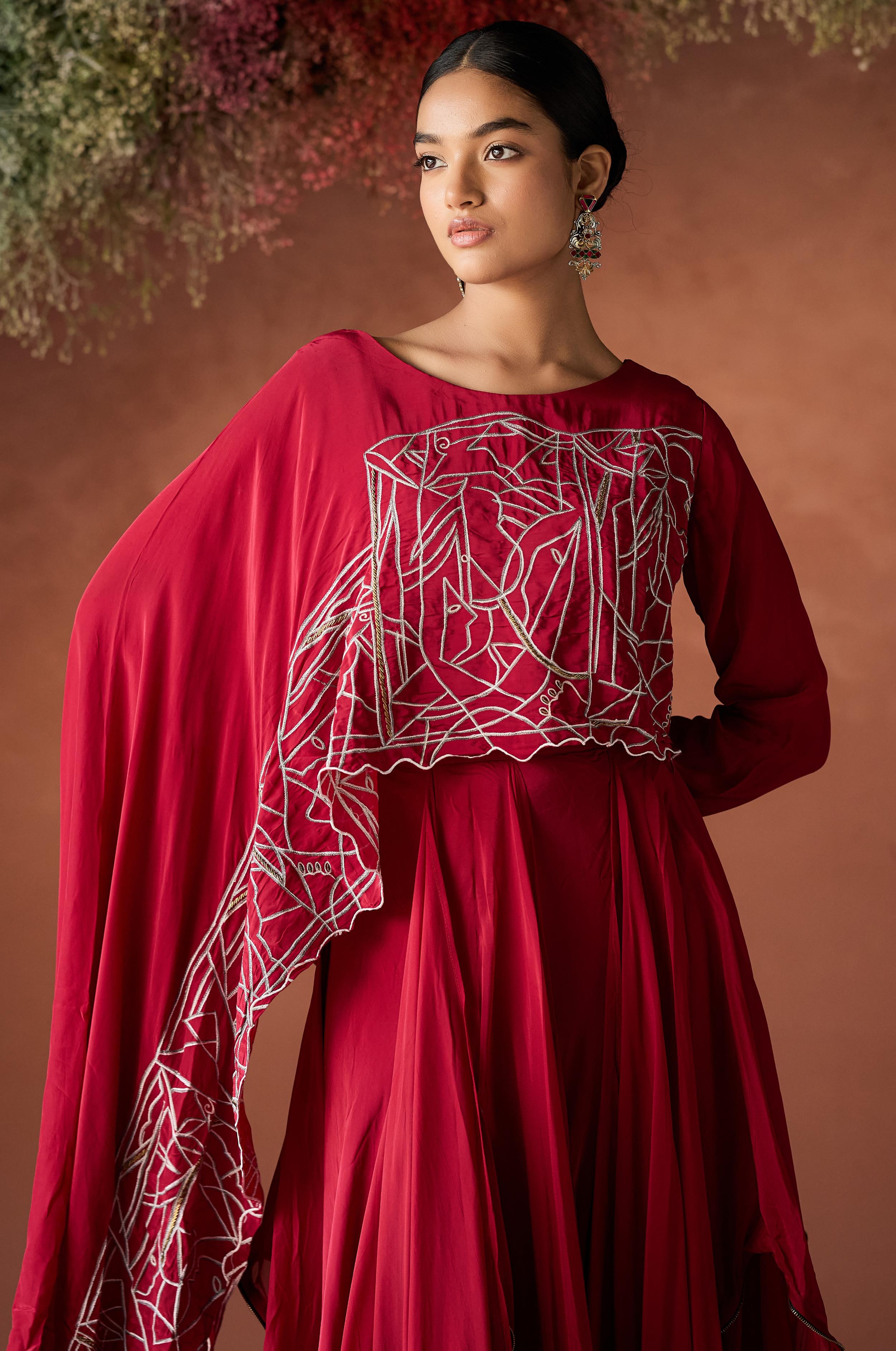 Wine Red Embellished Georgette Silk Skirt Set