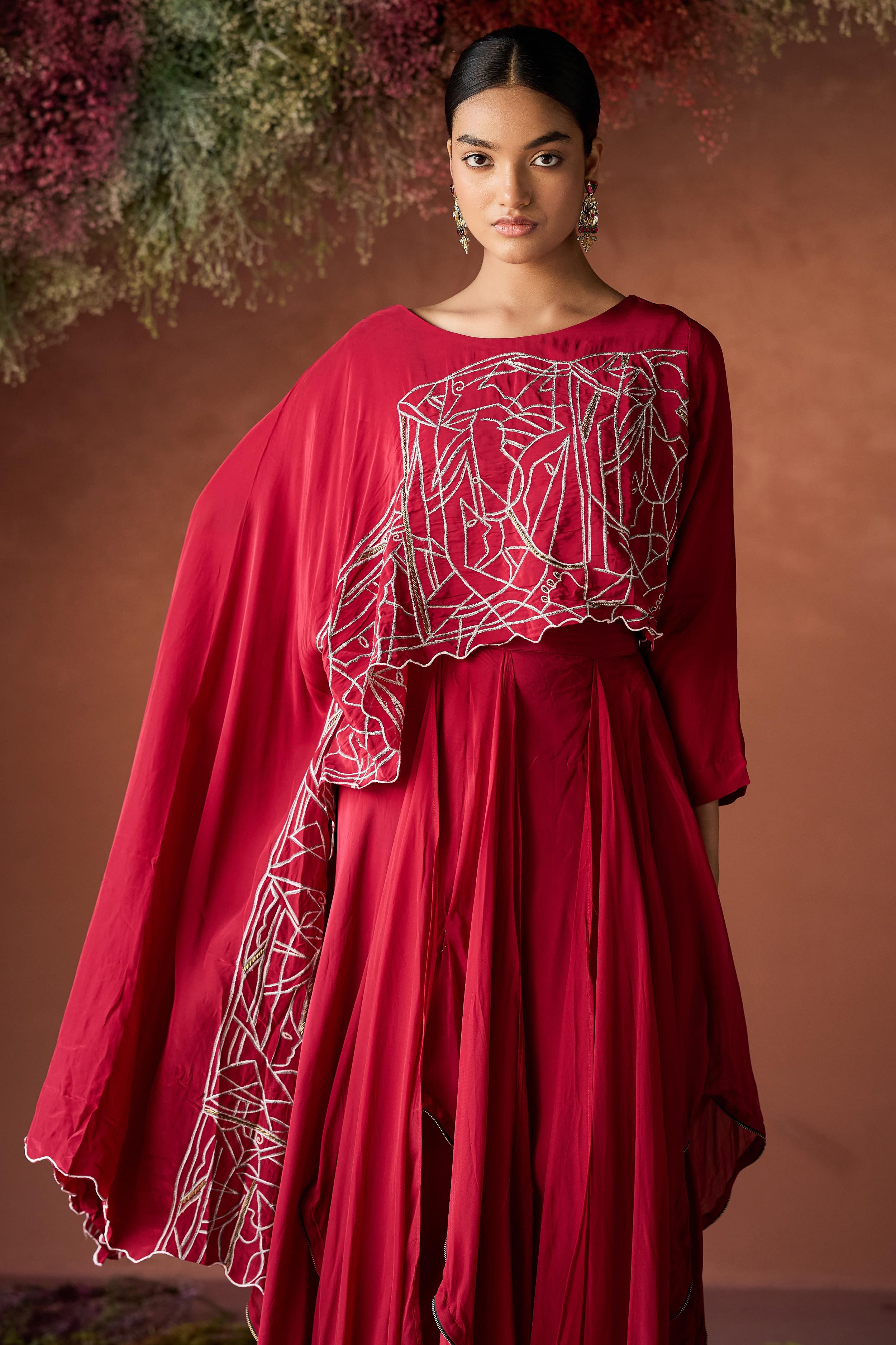 Wine Red Embellished Georgette Silk Skirt Set