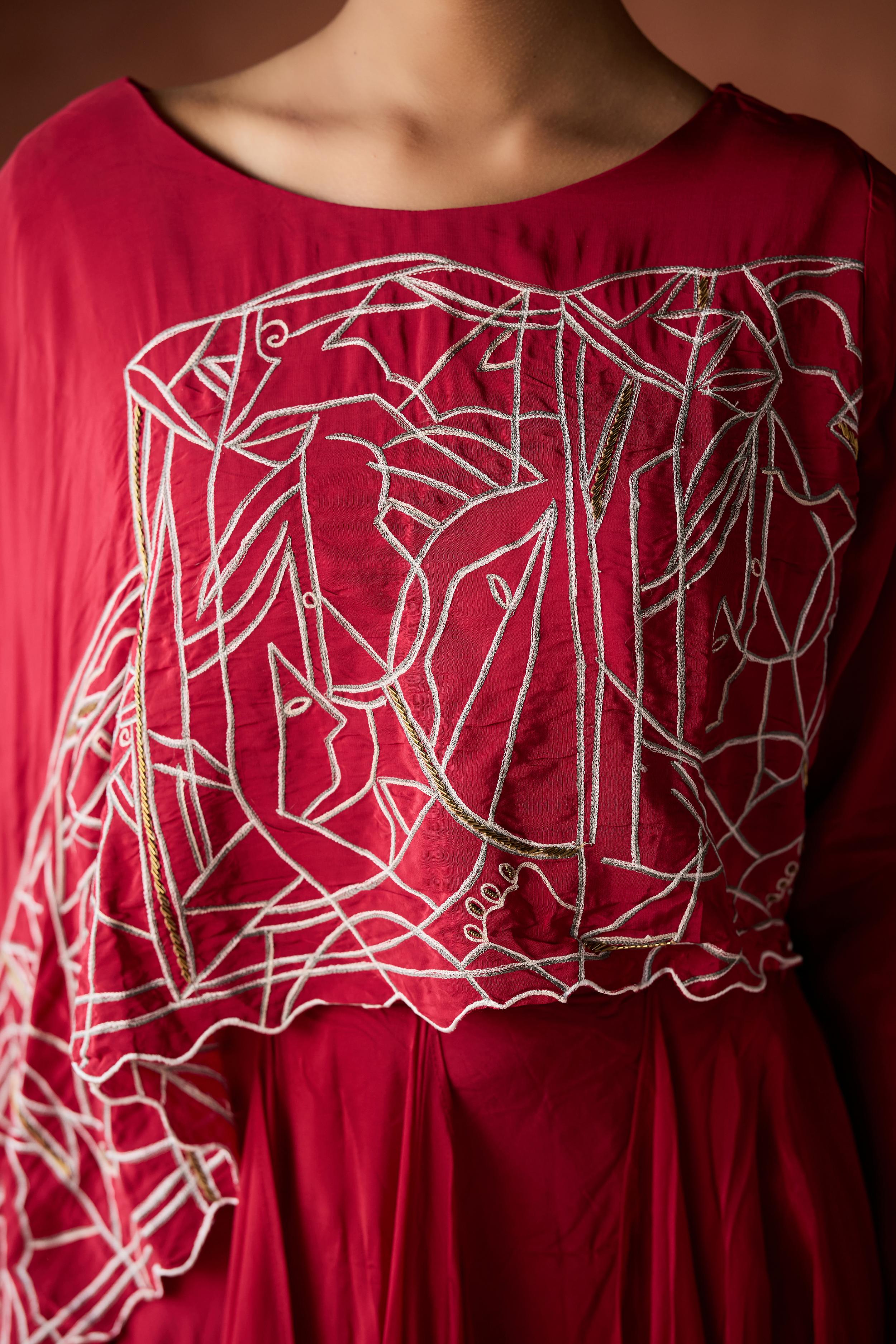 Wine Red Embellished Georgette Silk Skirt Set