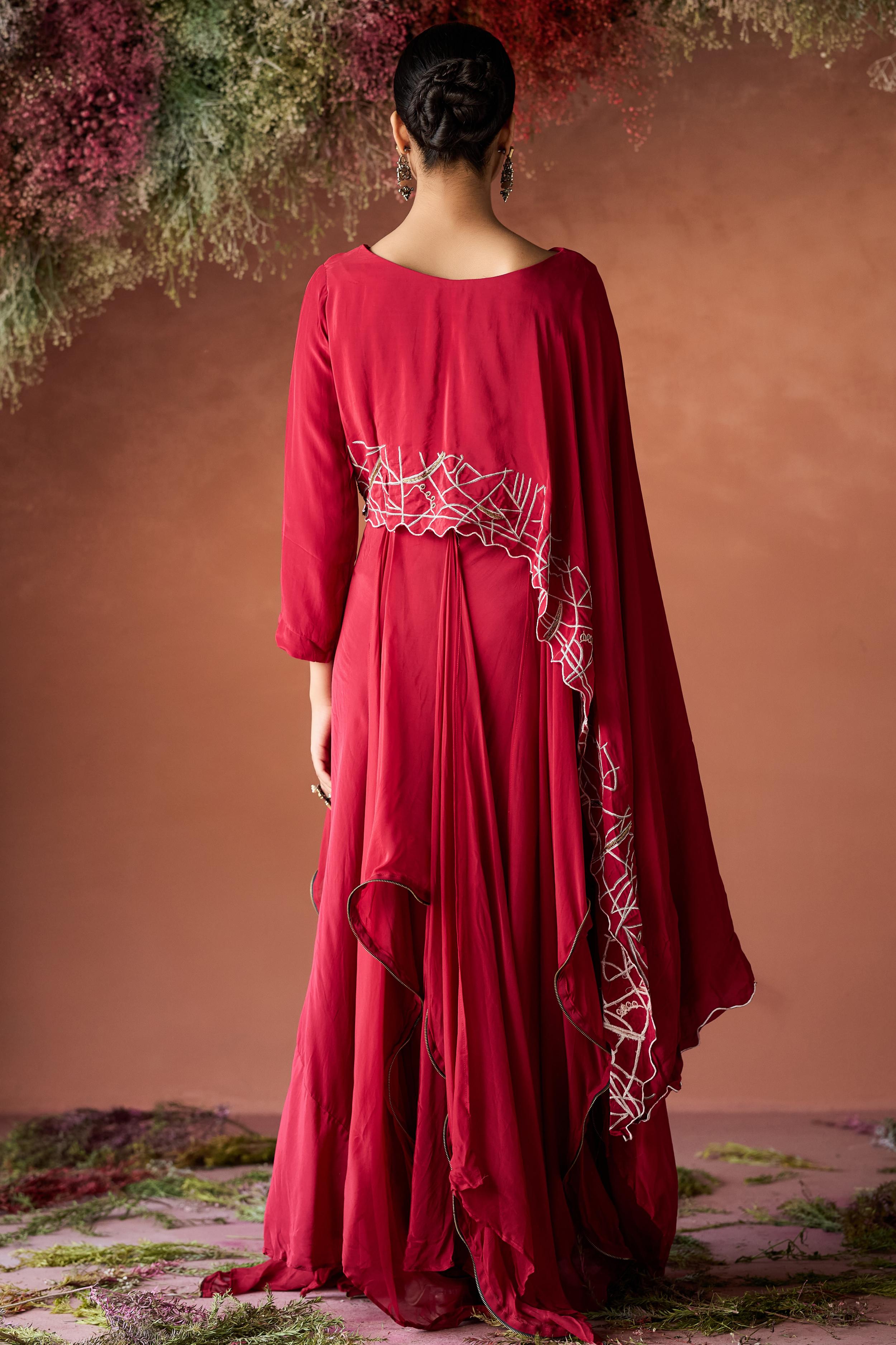 Wine Red Embellished Georgette Silk Skirt Set
