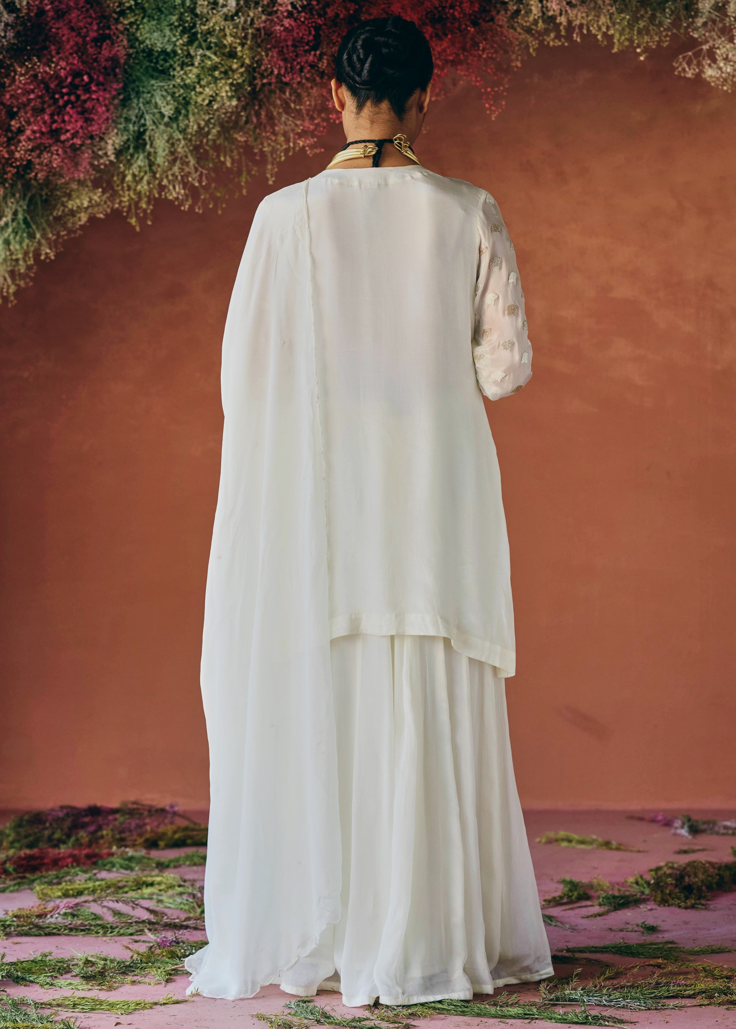 Ivory white Embellished Chinon Silk Palazzo Set