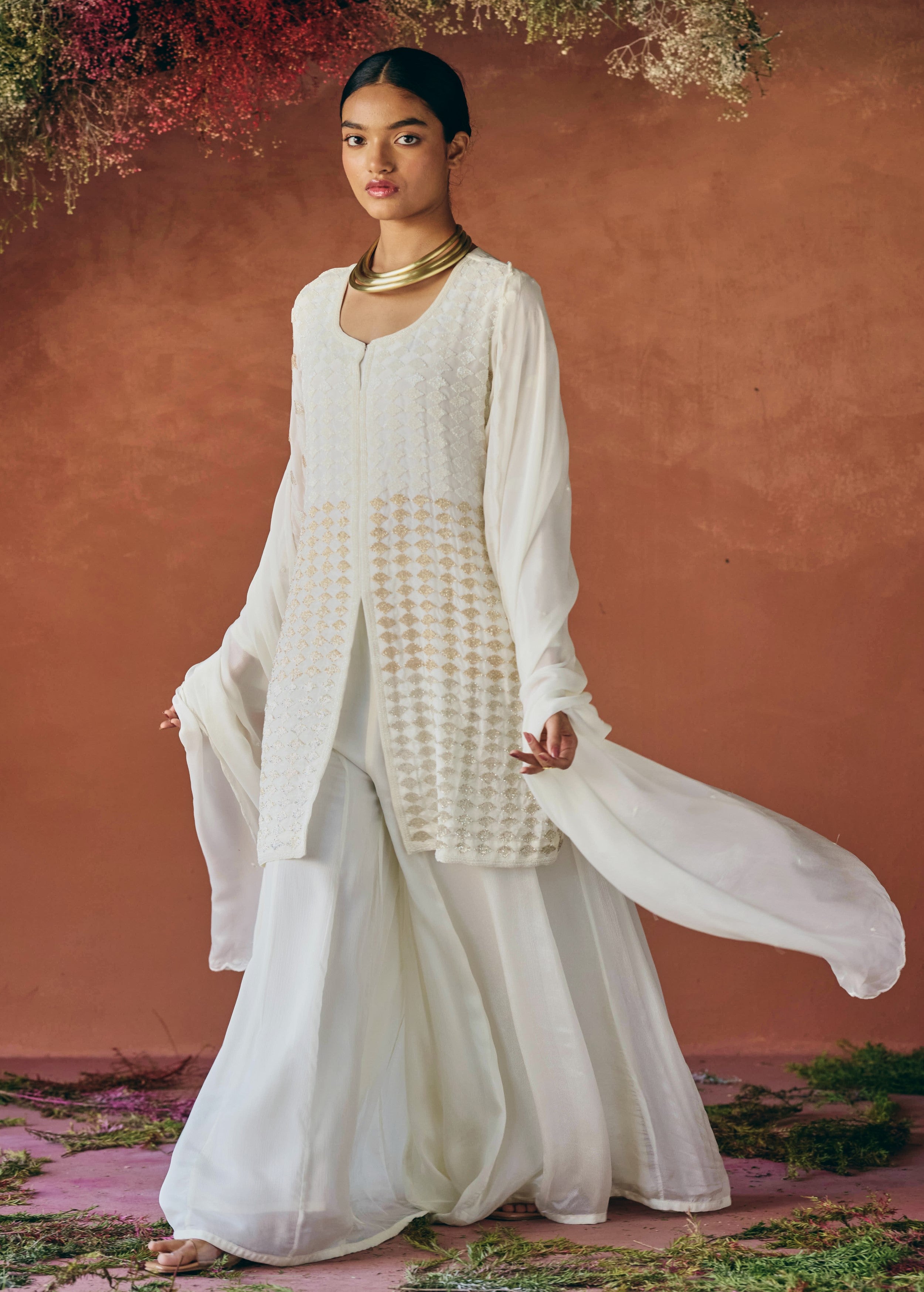 Ivory white Embellished Chinon Silk Palazzo Set