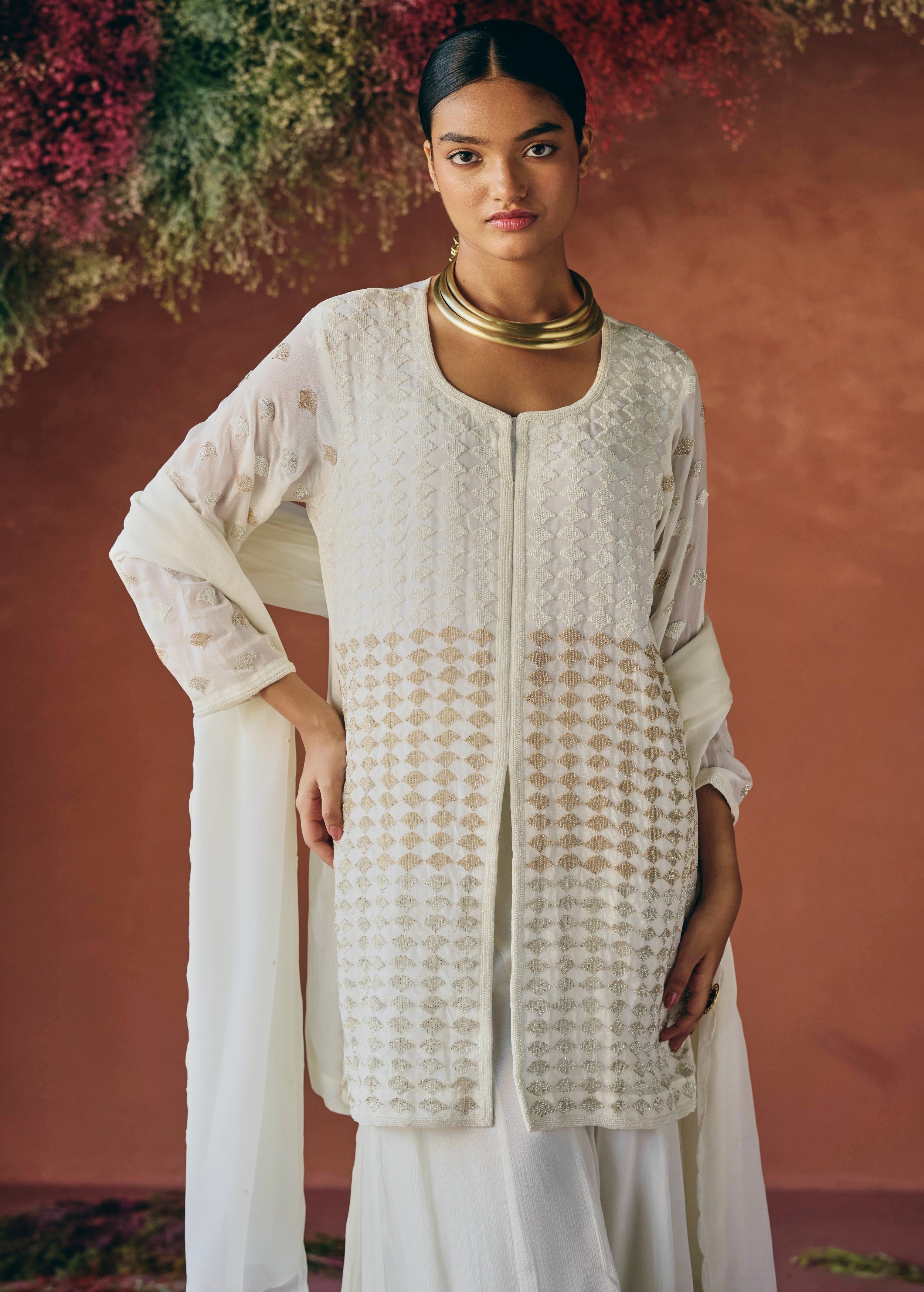 Ivory white Embellished Chinon Silk Palazzo Set