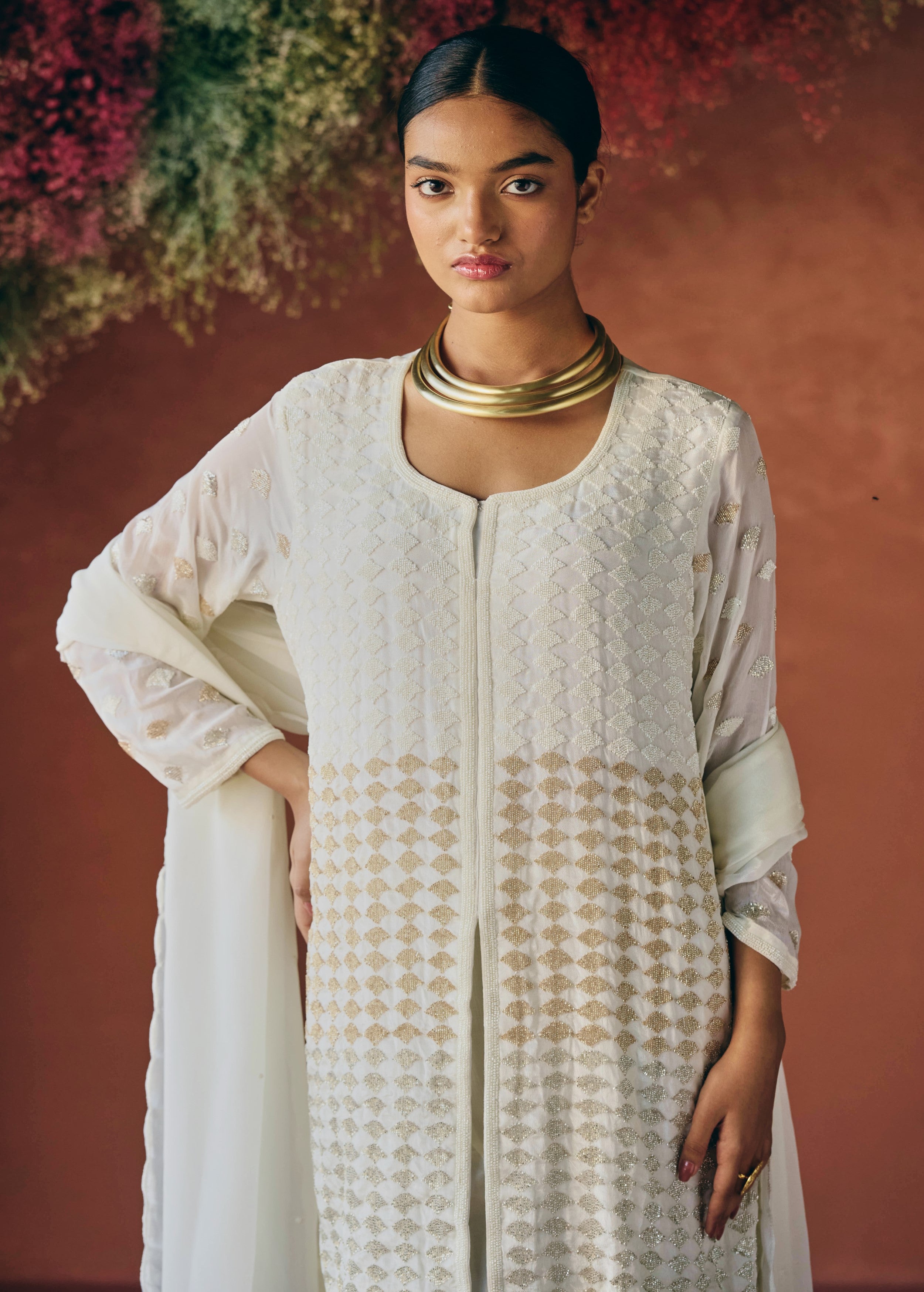 Ivory white Embellished Chinon Silk Palazzo Set