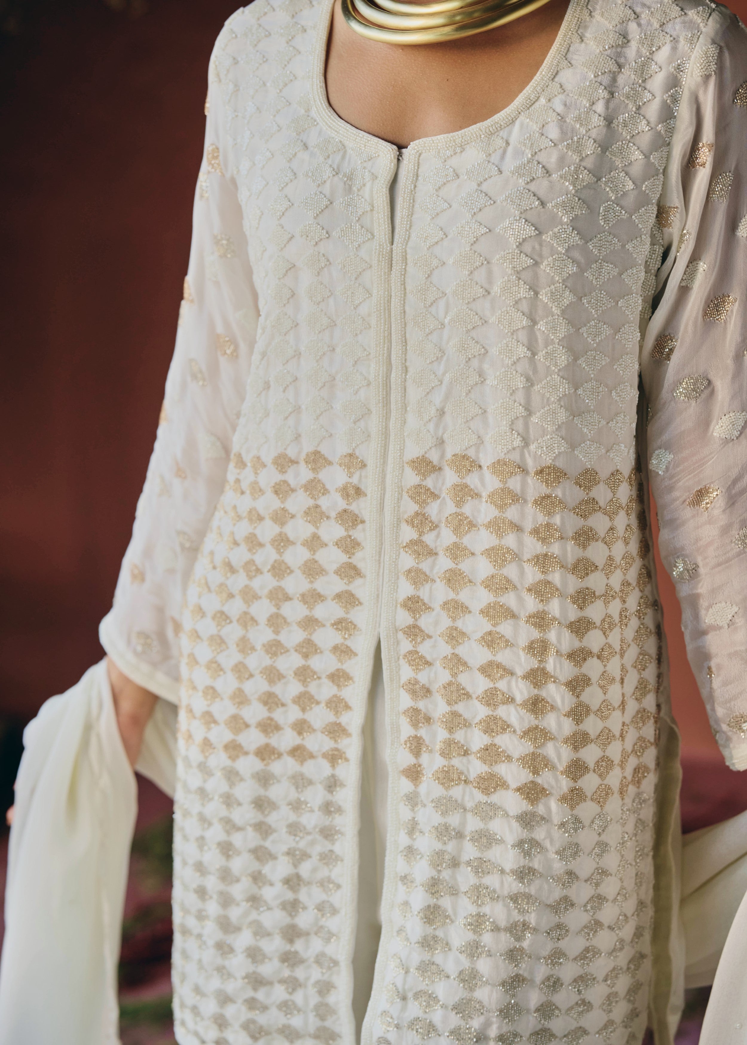 Ivory white Embellished Chinon Silk Palazzo Set