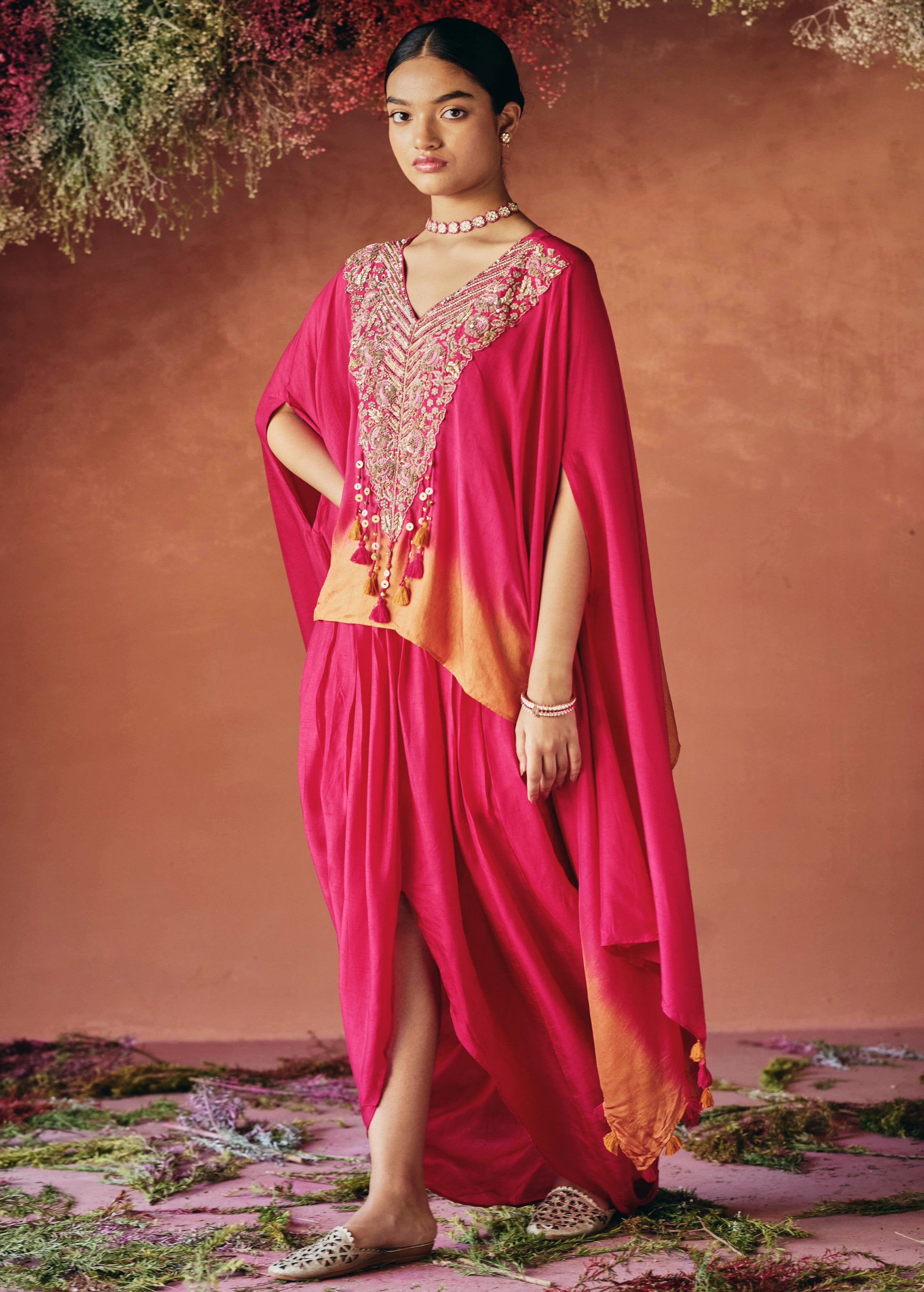 Red Embellished Raw Silk Kaftan Set