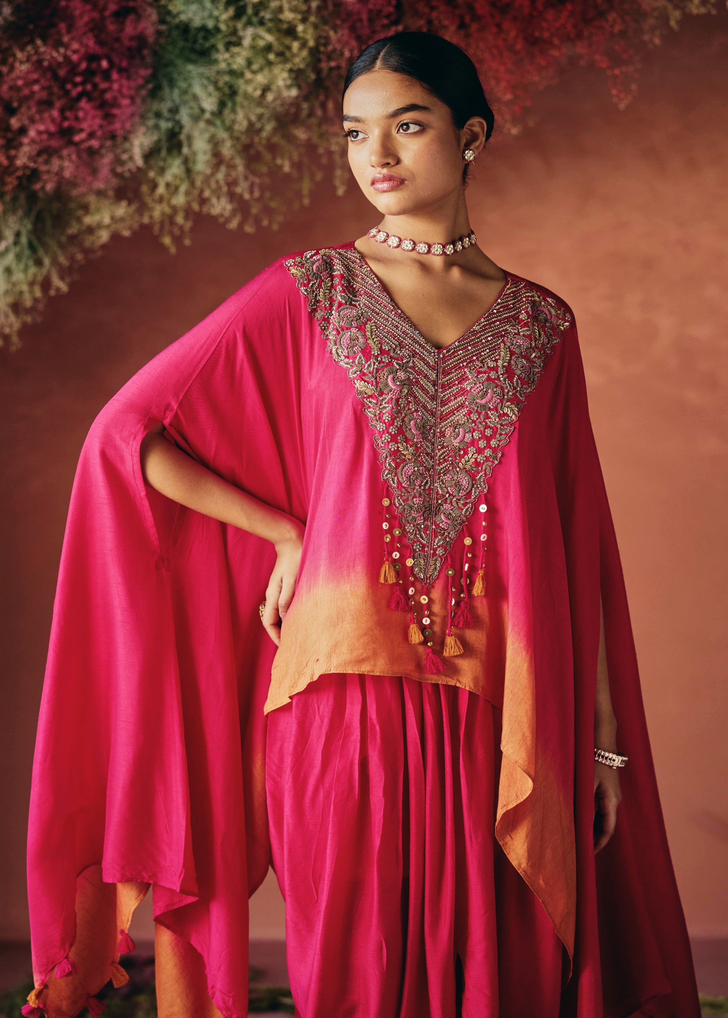 Red Embellished Raw Silk Kaftan Set