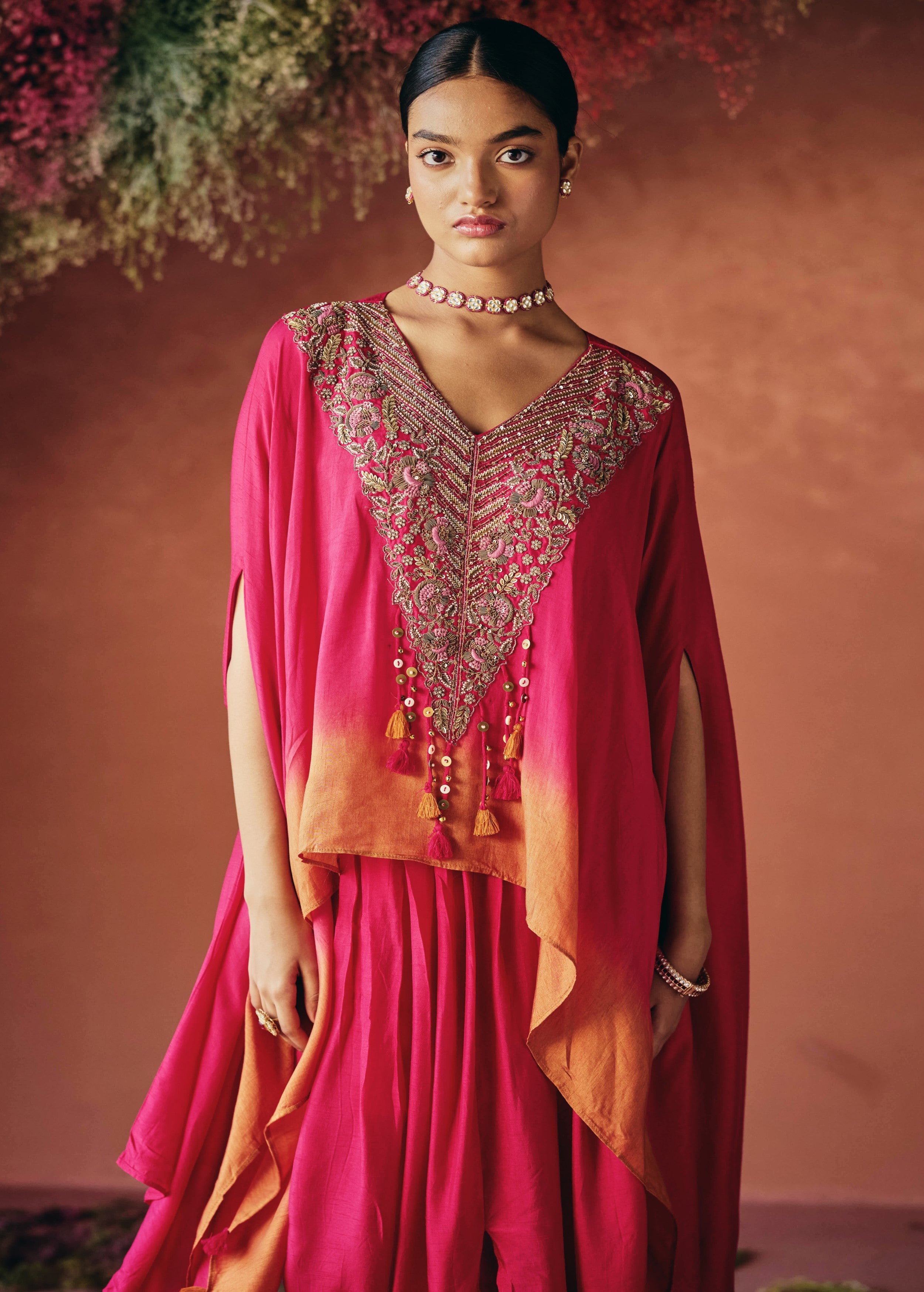 Red Embellished Raw Silk Kaftan Set