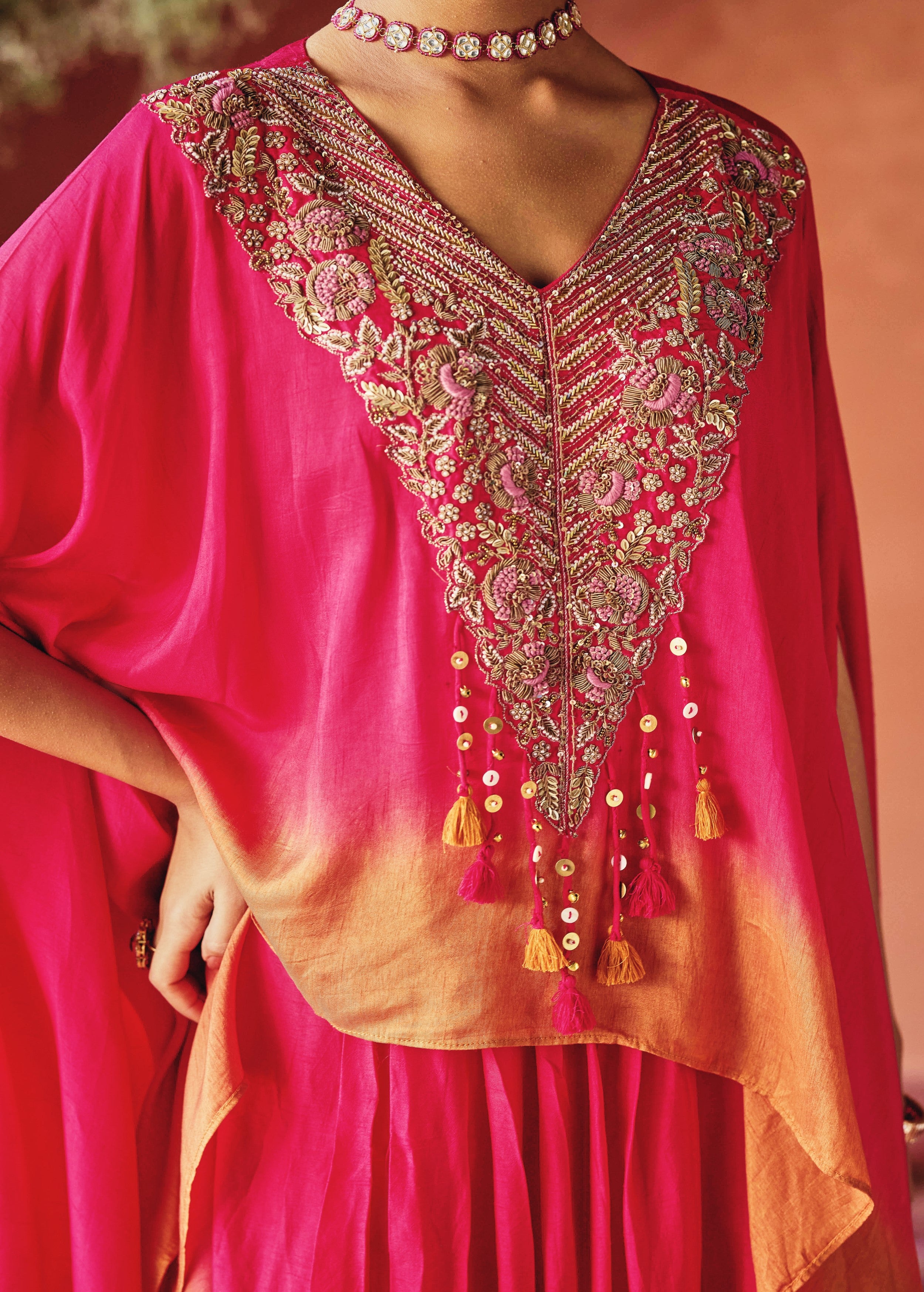Red Embellished Raw Silk Kaftan Set