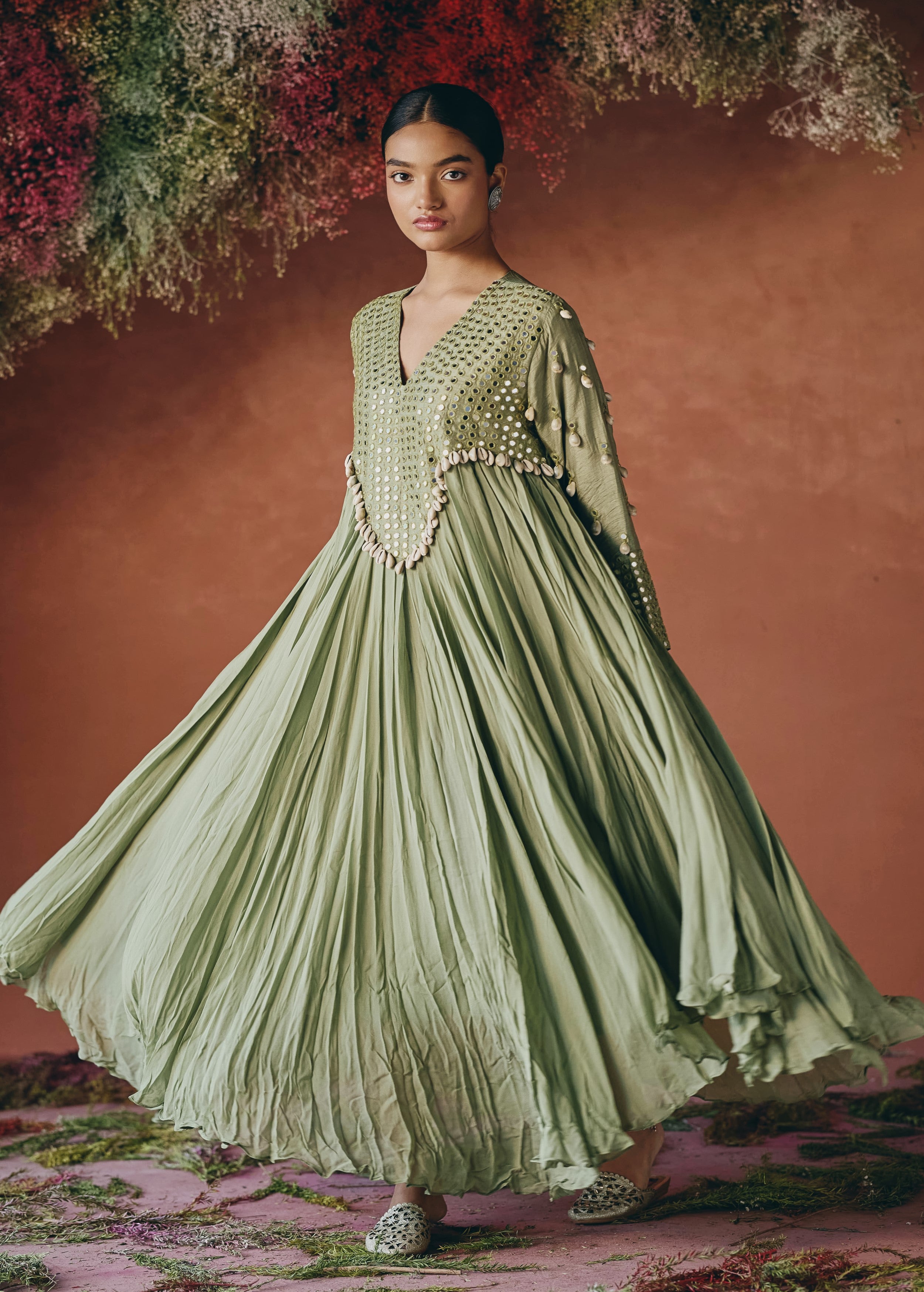 Sage Green Embellished Georgette Silk Gown