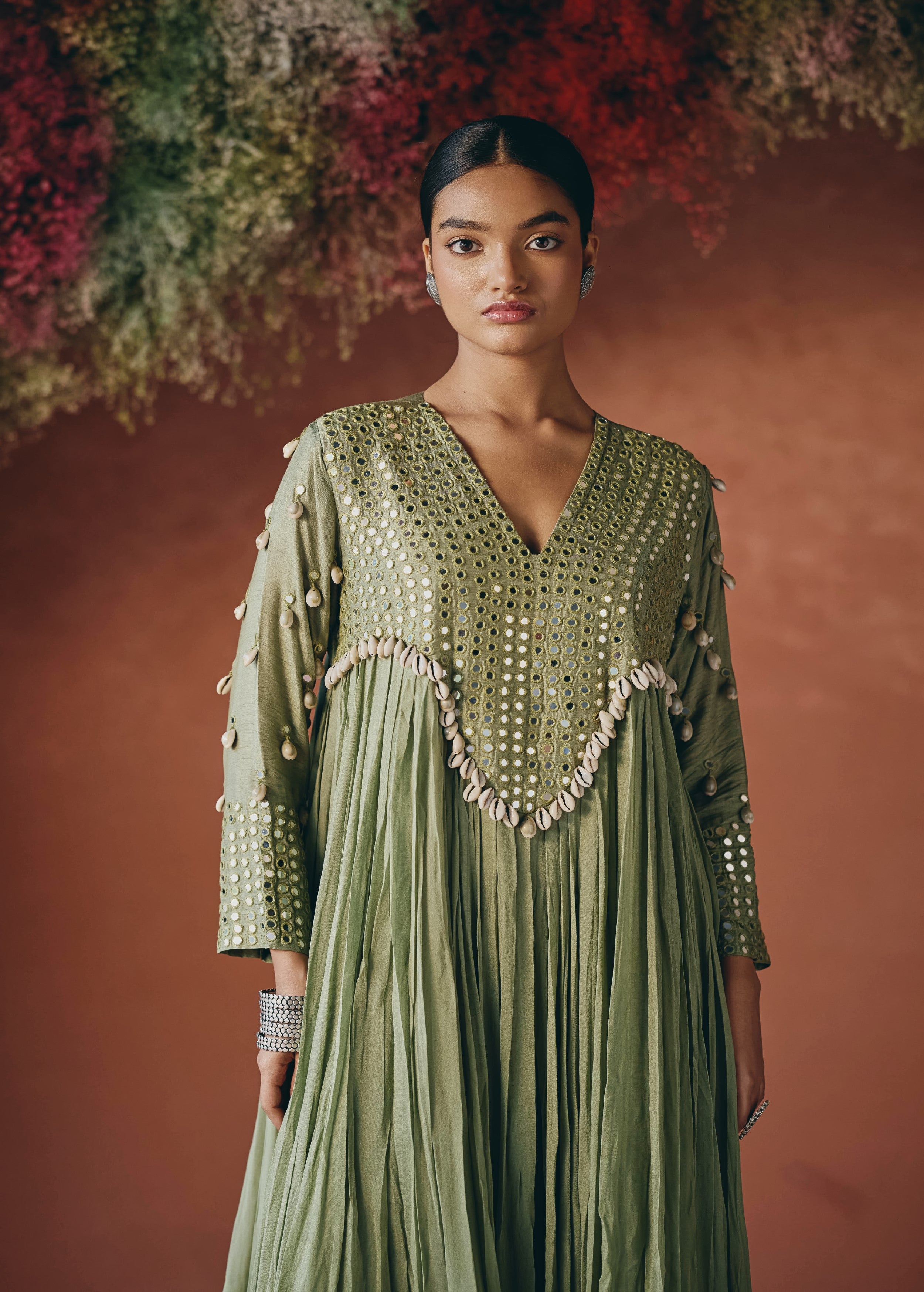 Sage Green Embellished Georgette Silk Gown
