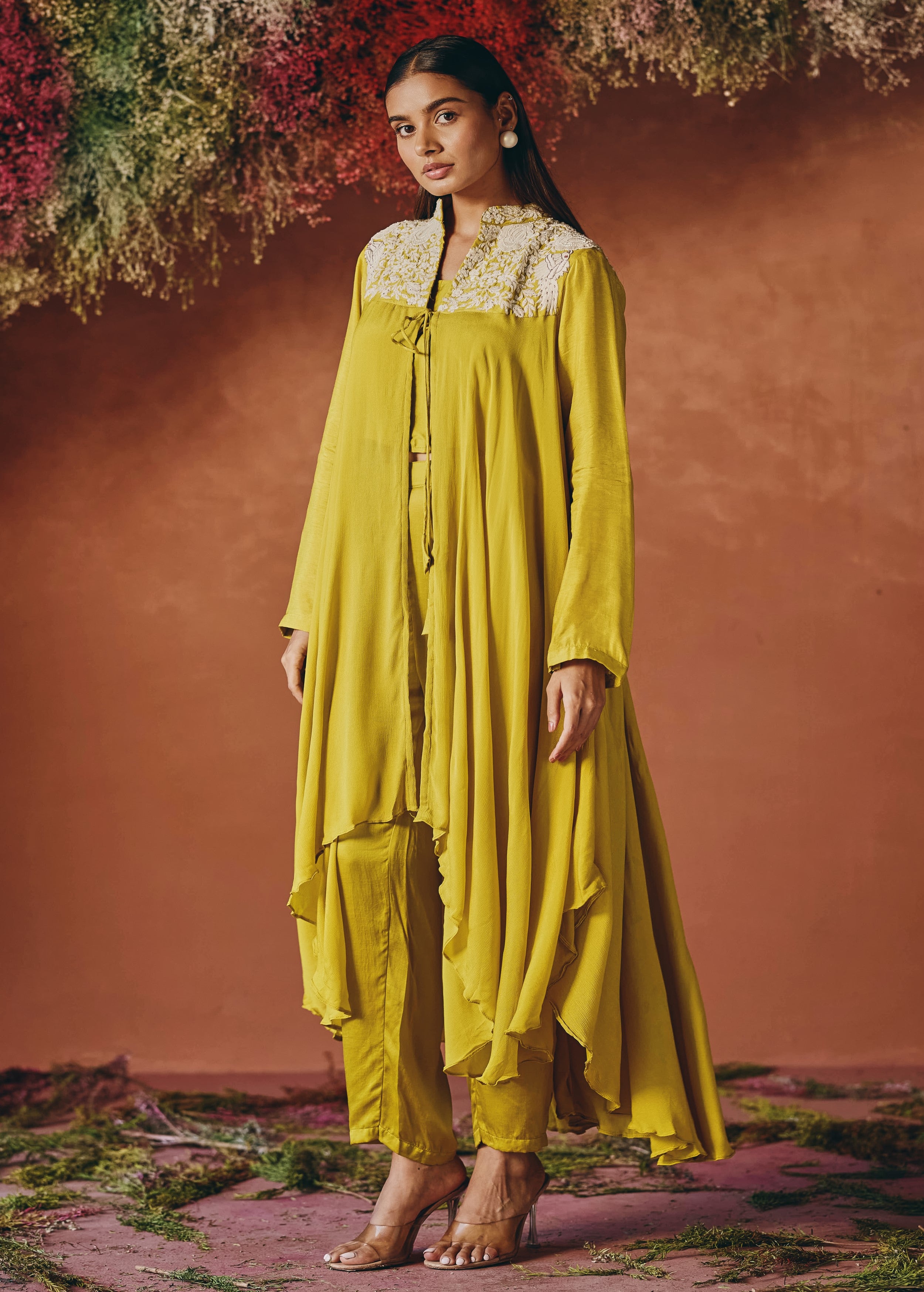 Marigold Mustard Embroidered Chinon Silk Co-Ord Set