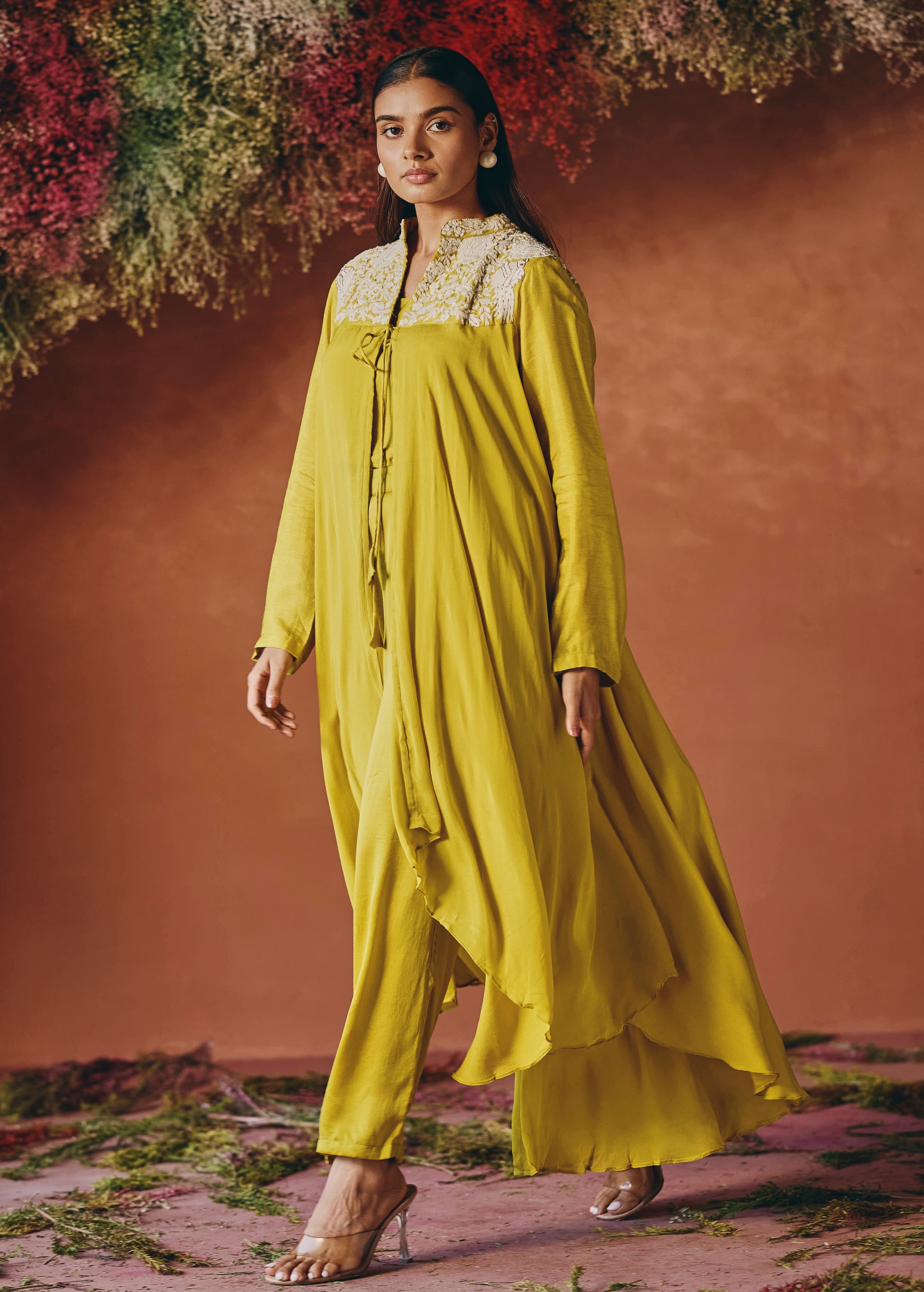 Marigold Mustard Embroidered Chinon Silk Co-Ord Set