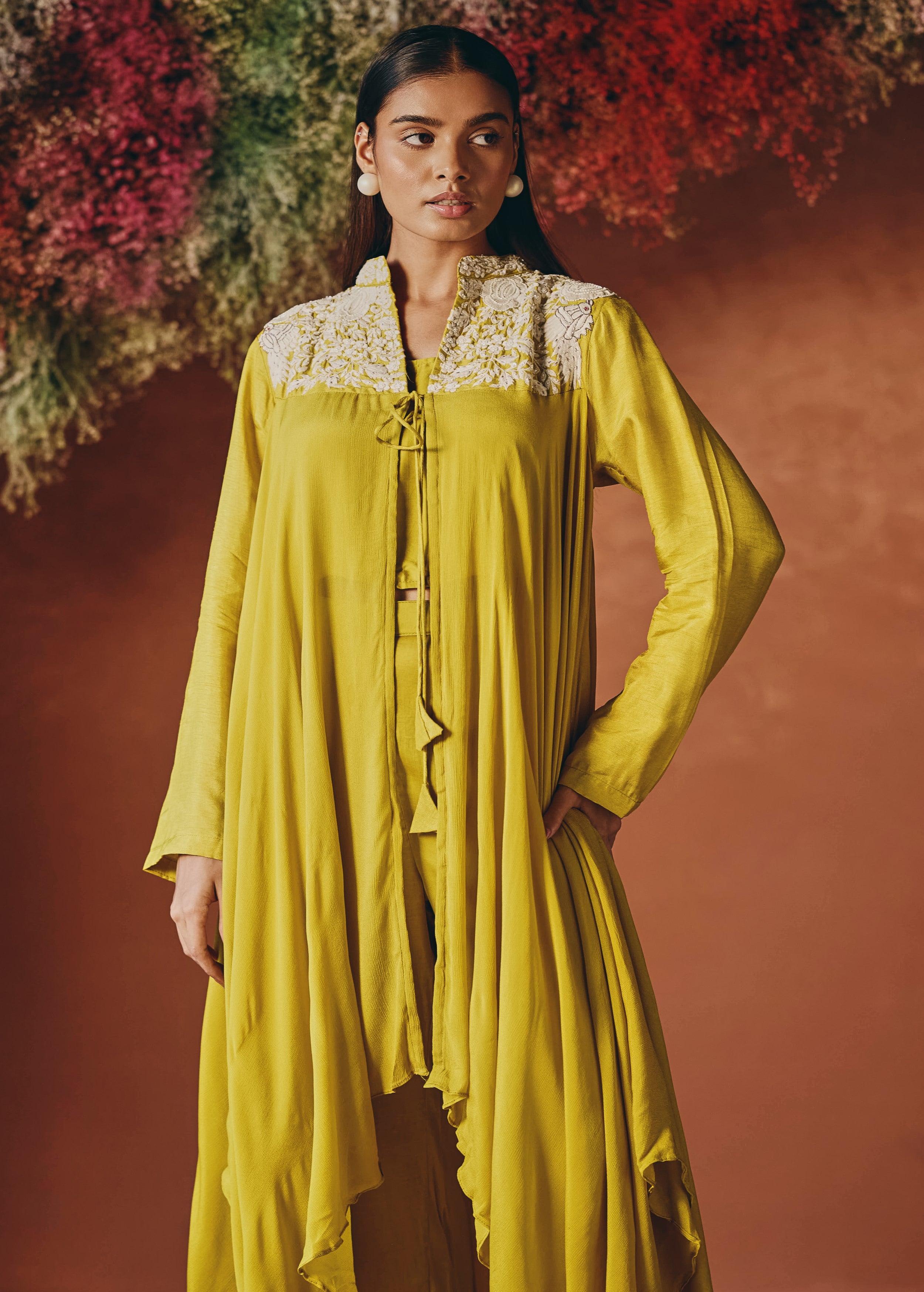 Marigold Mustard Embroidered Chinon Silk Co-Ord Set