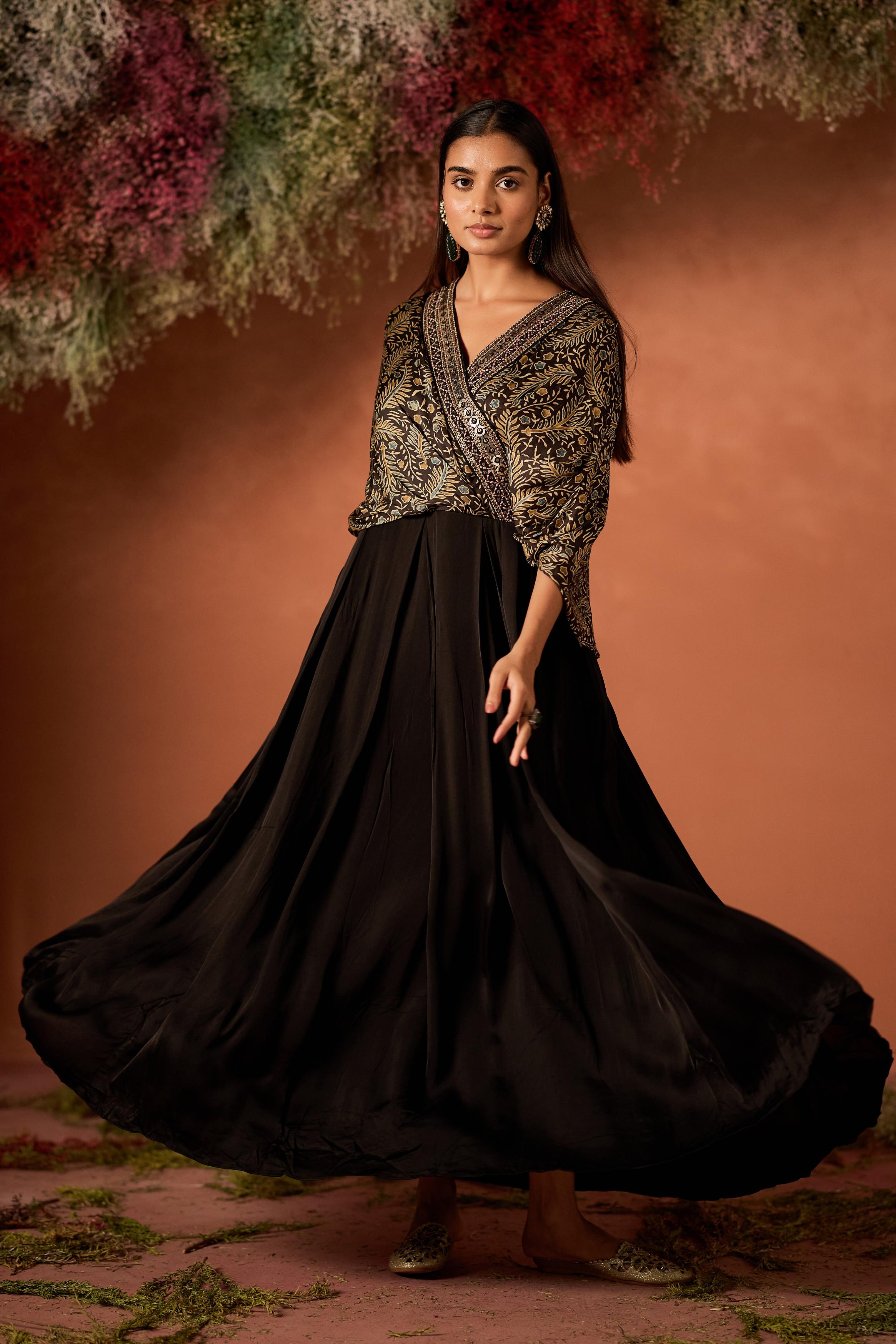 Black Embellished Satin Silk Gown