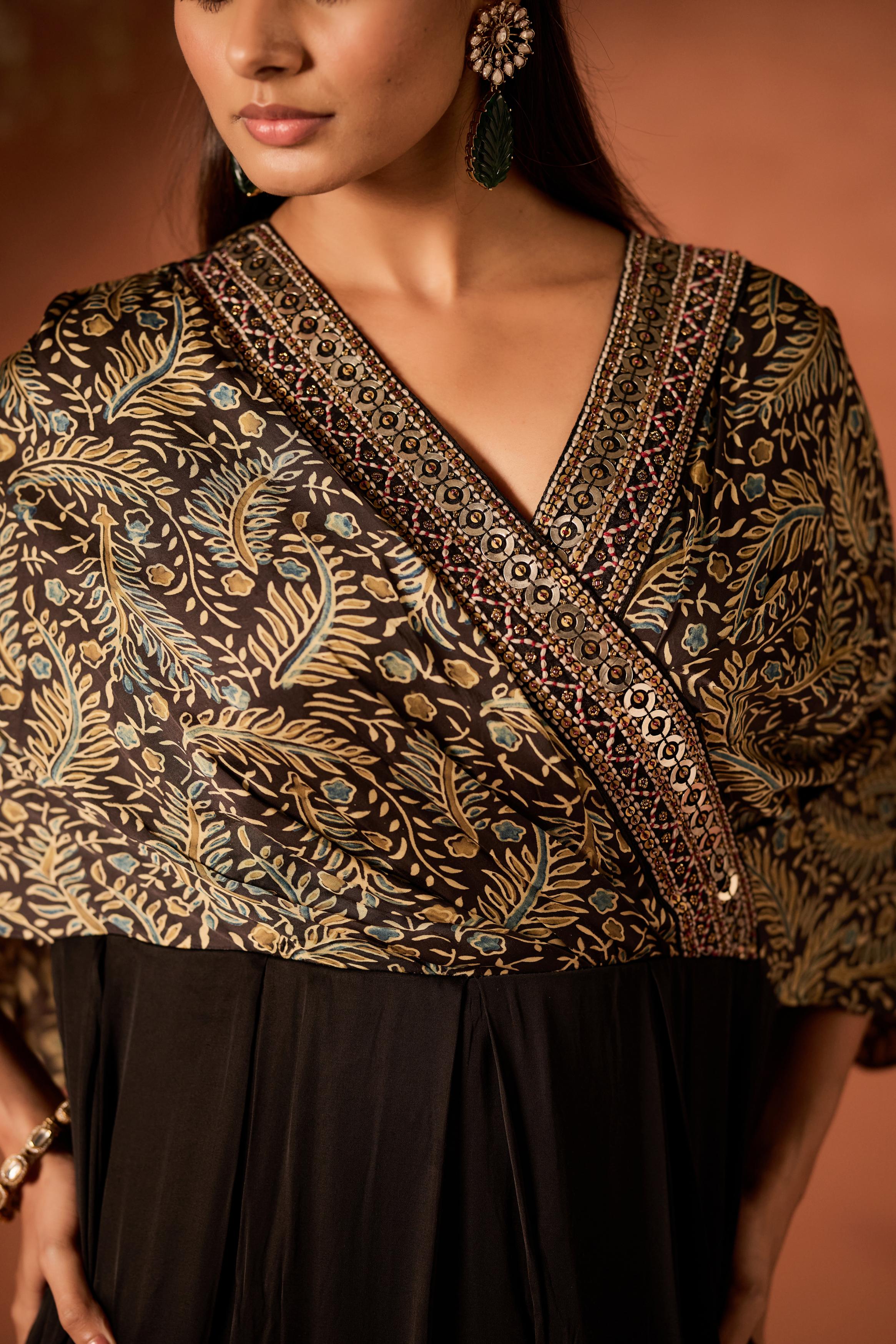Black Embellished Satin Silk Gown
