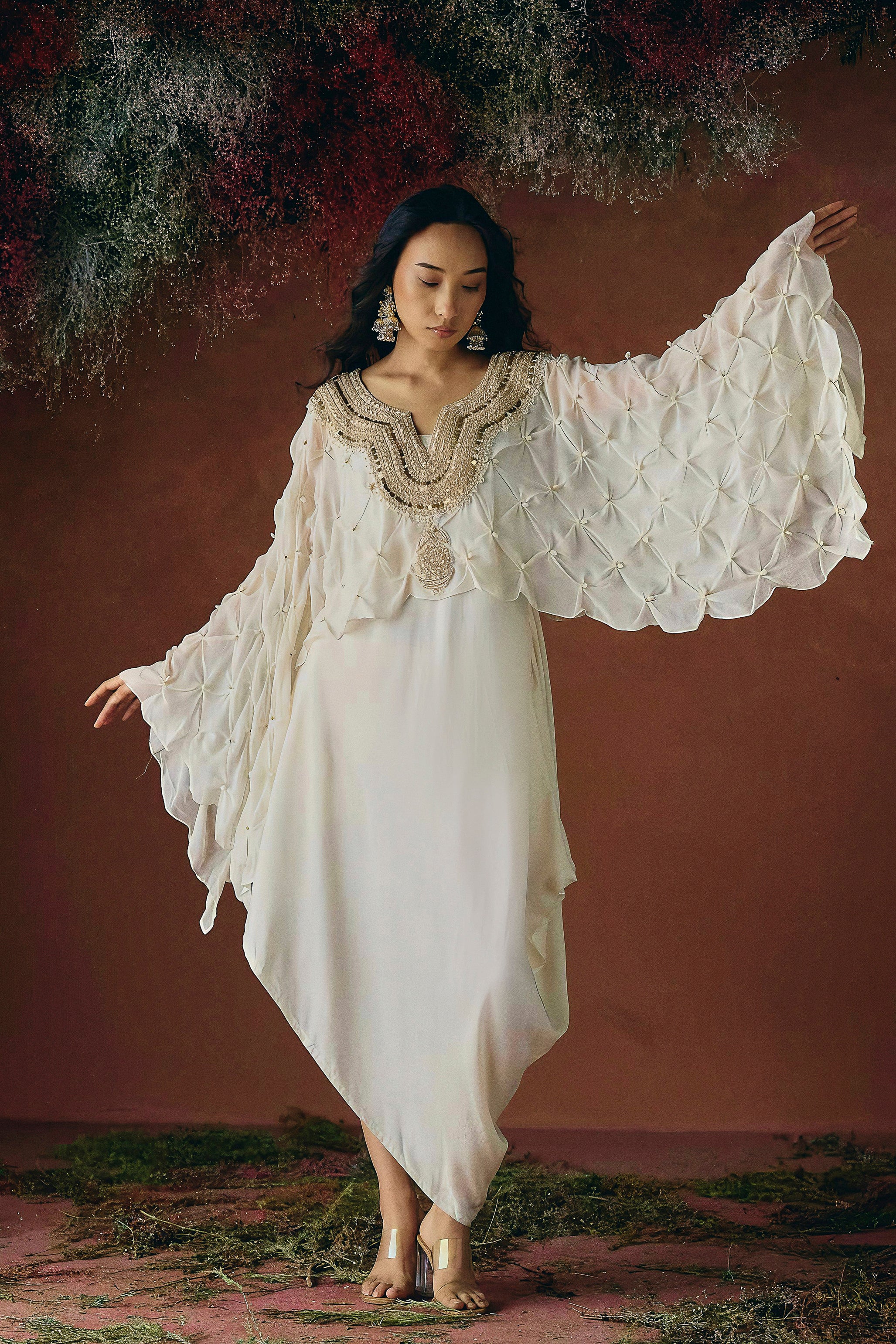 Warm Ivory Embellished Georgette Silk Dress