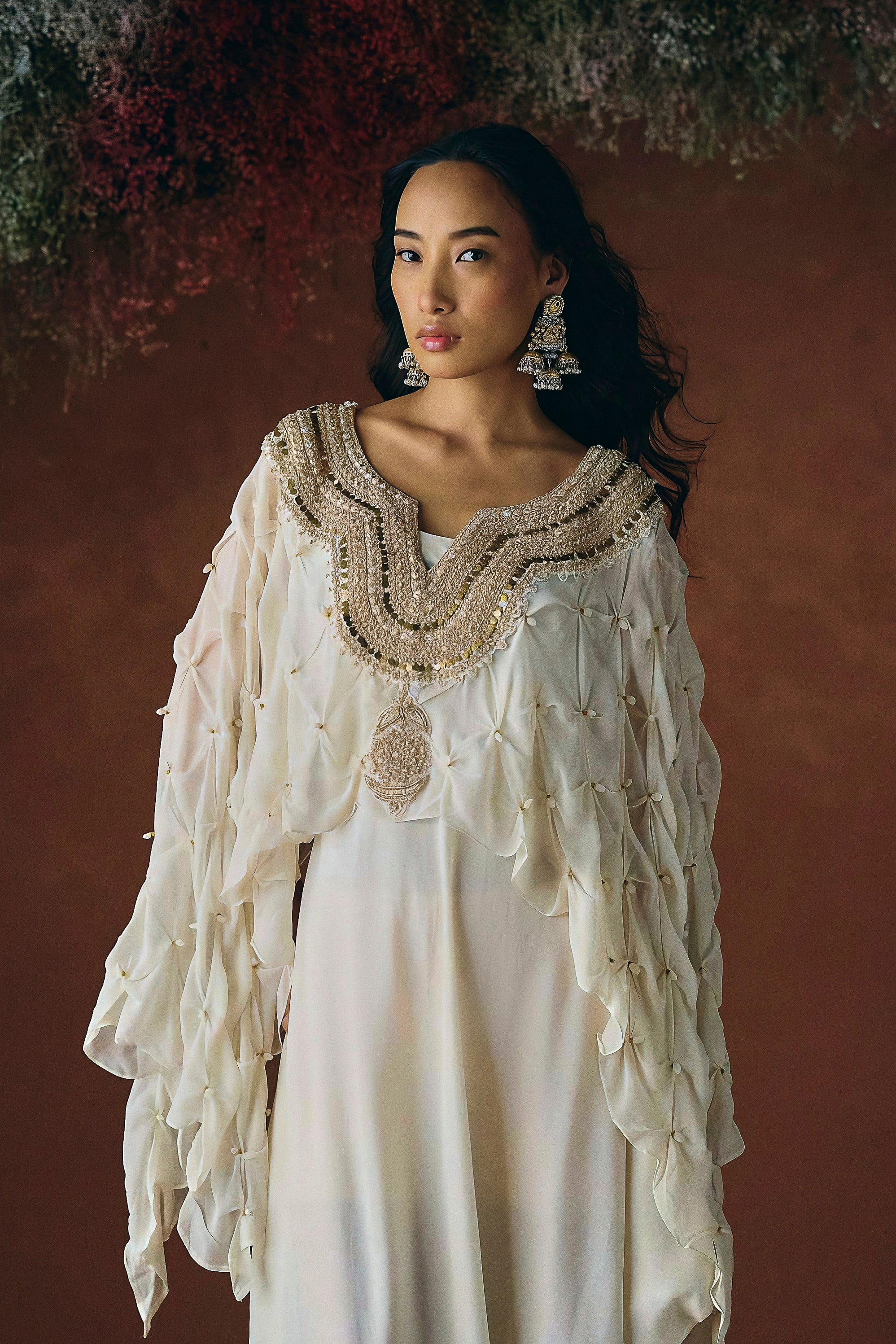 Warm Ivory Embellished Georgette Silk Dress