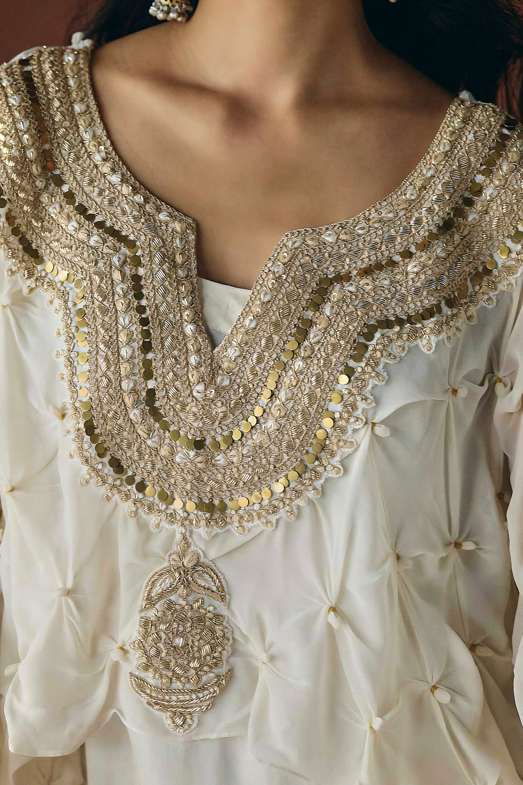 Warm Ivory Embellished Georgette Silk Dress