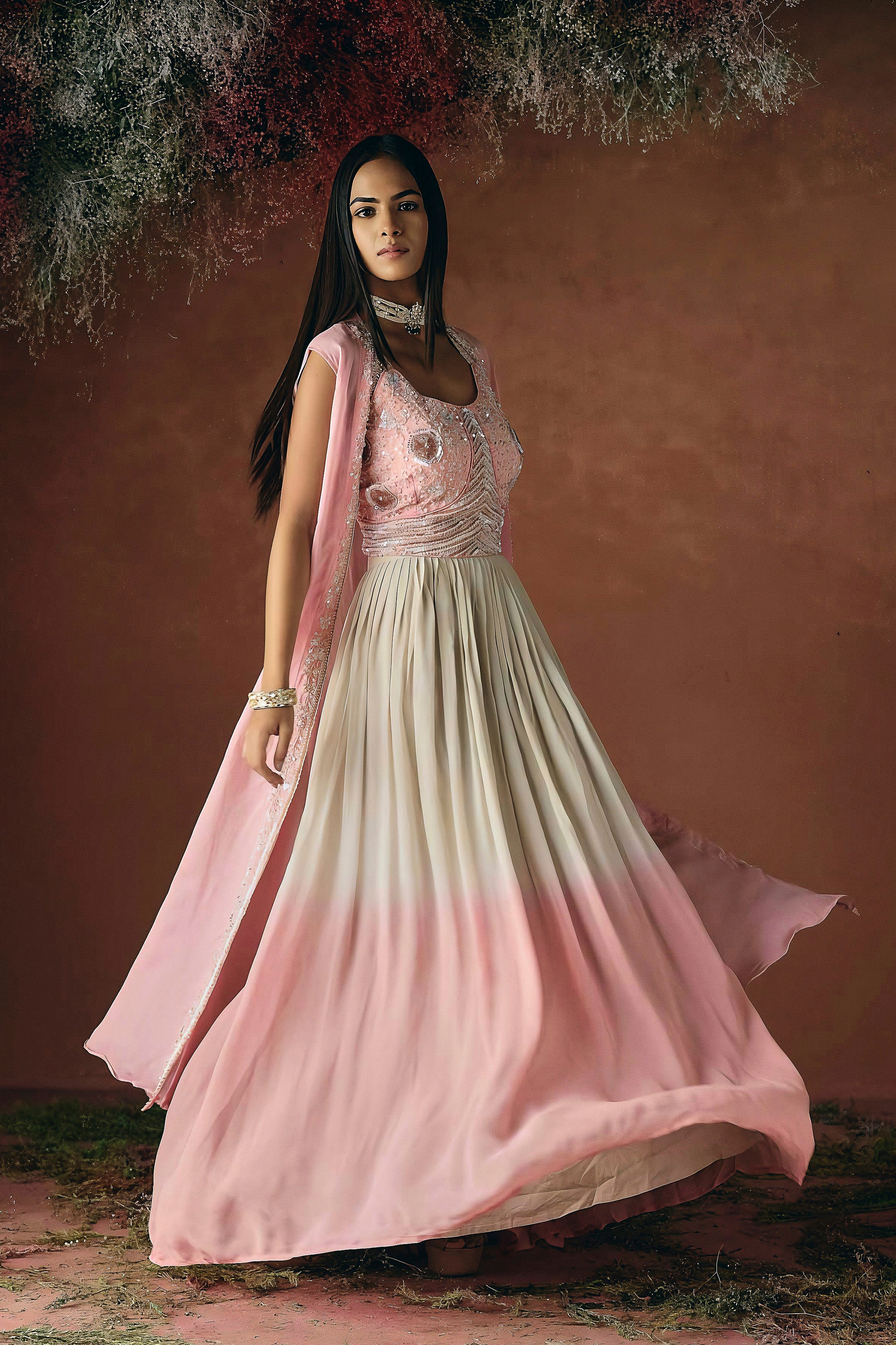 Soft Pink Embellished Georgette Silk Skirt Set