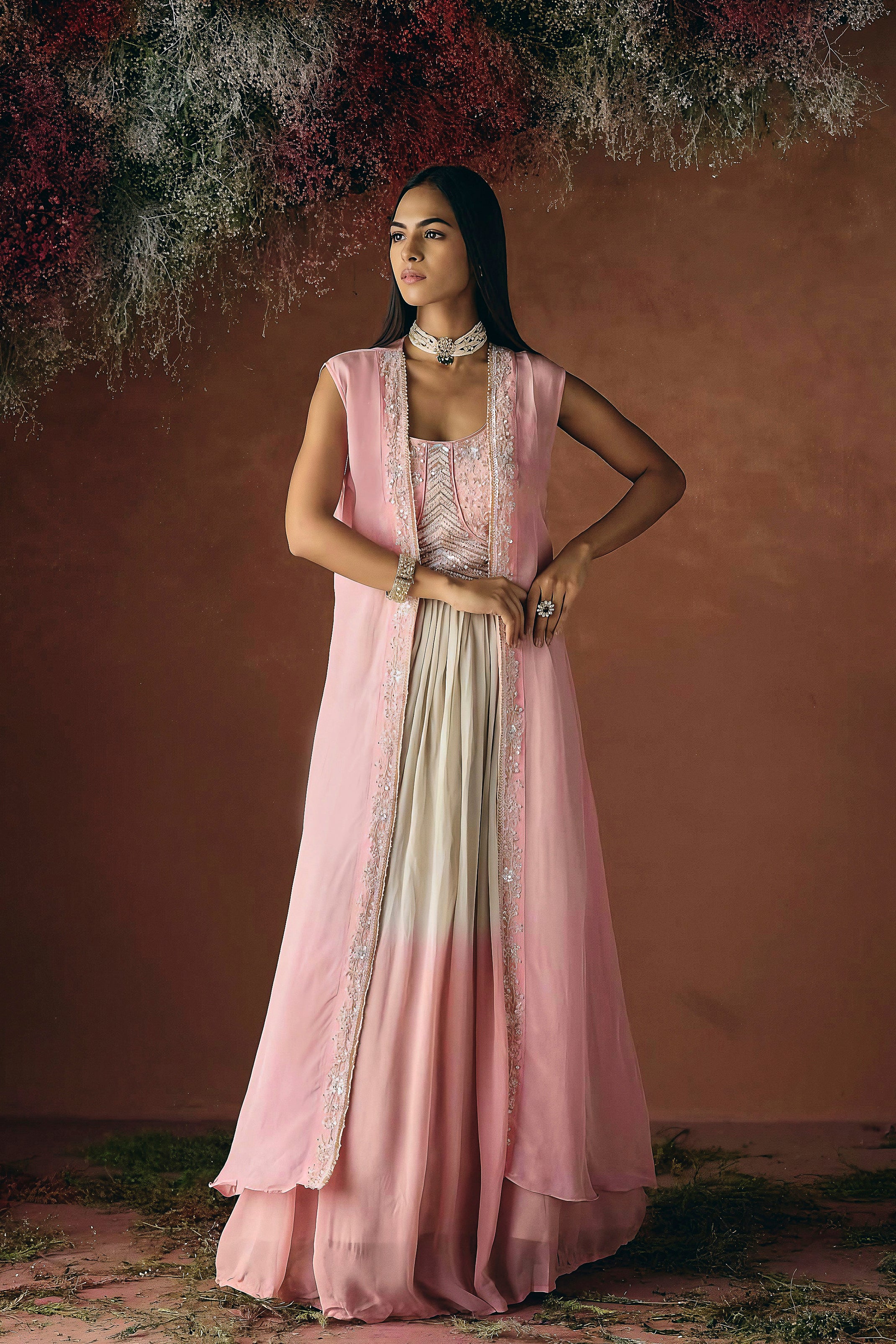 Soft Pink Embellished Georgette Silk Skirt Set
