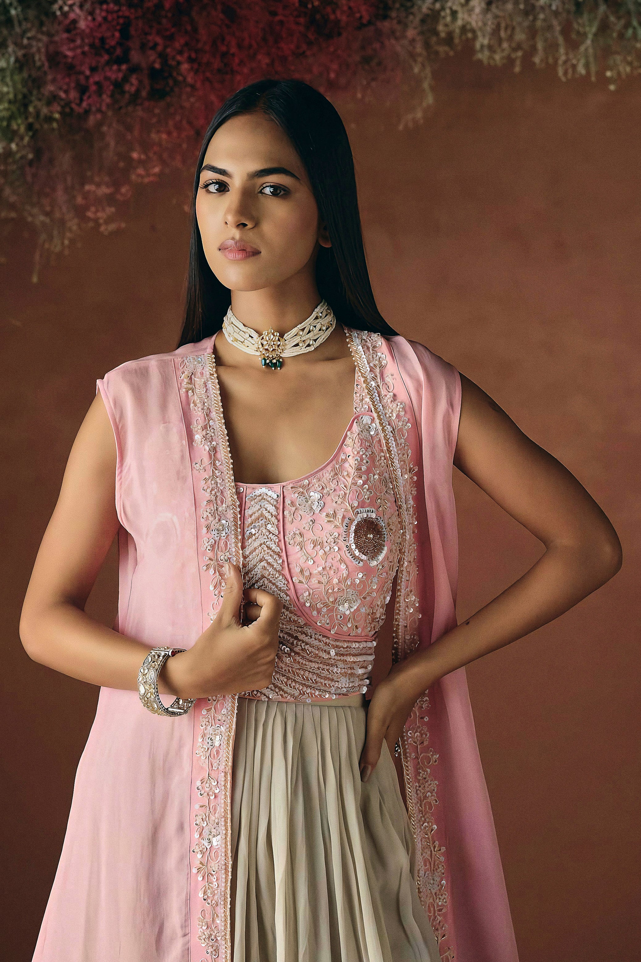 Soft Pink Embellished Georgette Silk Skirt Set