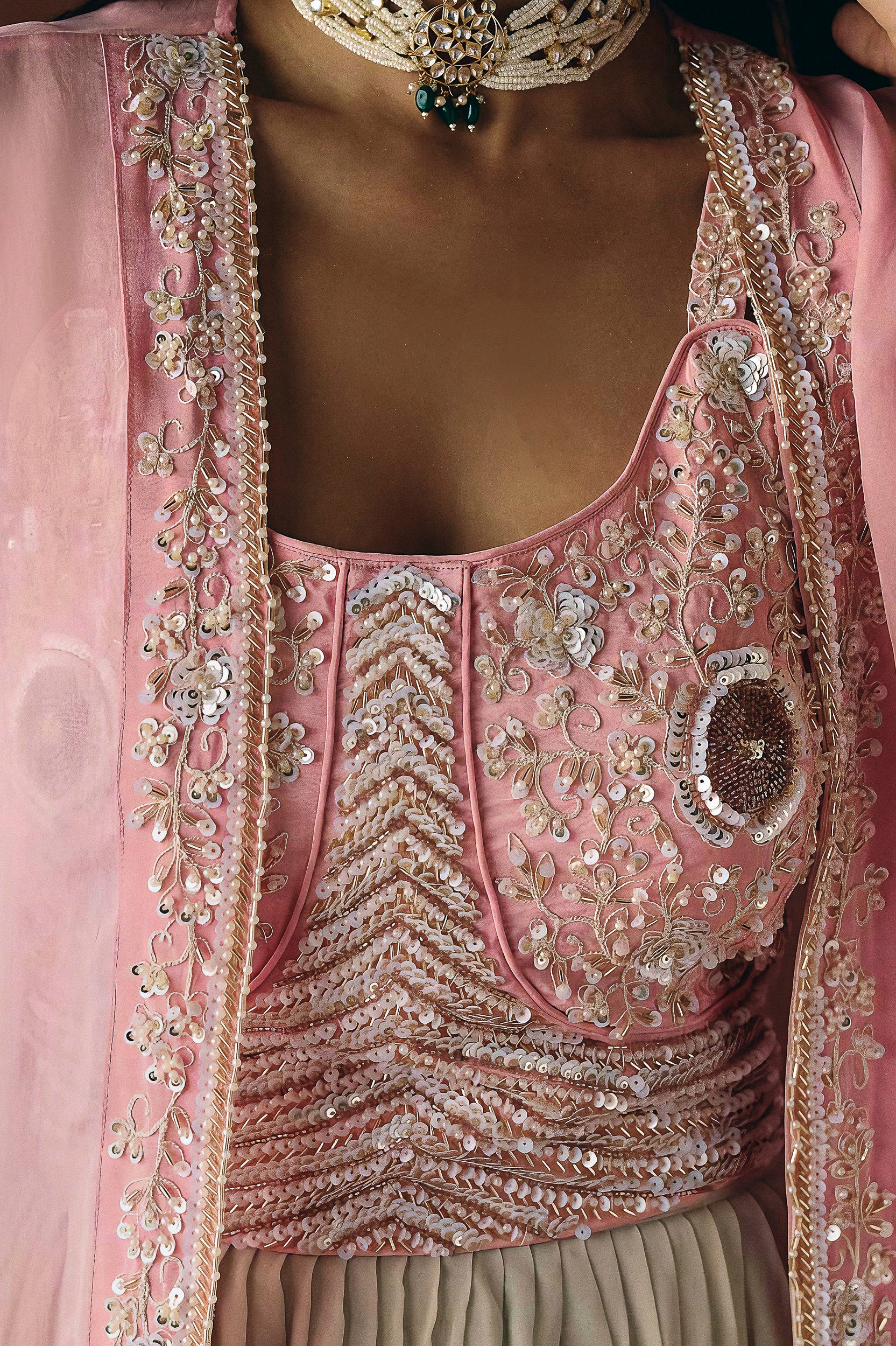 Soft Pink Embellished Georgette Silk Skirt Set